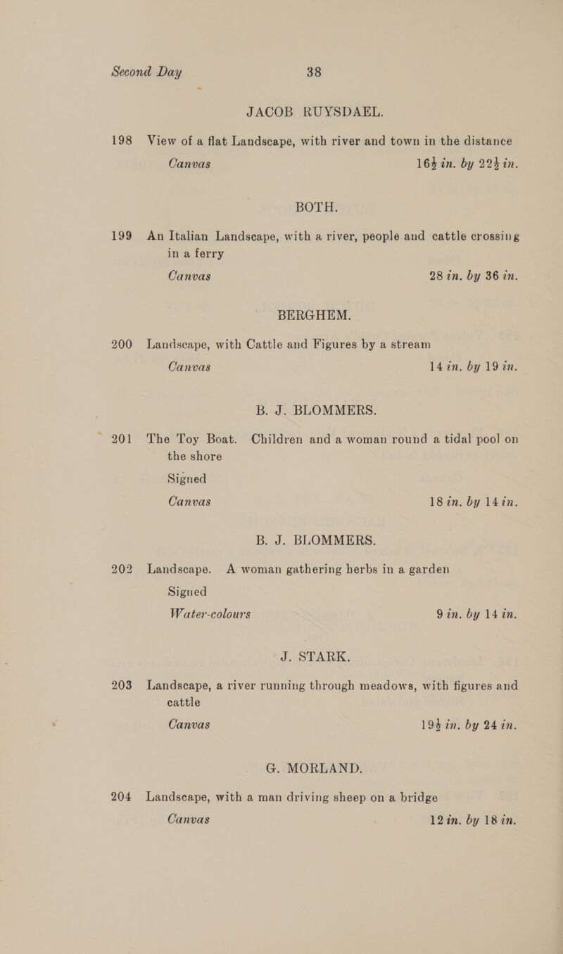 JACOB RUYSDAEL. 198 View of a flat Landscape, with river and town in the distance Canvas 163 in. by 224 in. BOTH. 199 An Italian Landscape, with a river, people and cattle crossing in a ferry Canvas 28 in. by 36 in. BERGHEM. 200 Landscape, with Cattle and Figures by a stream Canvas 14 in. by 19 in. B. Jd. BLOMMERS. - 201 The Toy Boat. Children and a woman round a tidal poo! on the shore Signed Canvas 187in. by 147n. B. J. BLOMMERS. 202 Landscape. A woman gathering herbs in a garden Signed Water-colours 9 in. by 14 tn. J. STARK. 203 Landscape, a river running through meadows, with figures and cattle Canvas 194 in. by 24 in. G. MORLAND. 204 Landscape, with a man driving sheep on a bridge