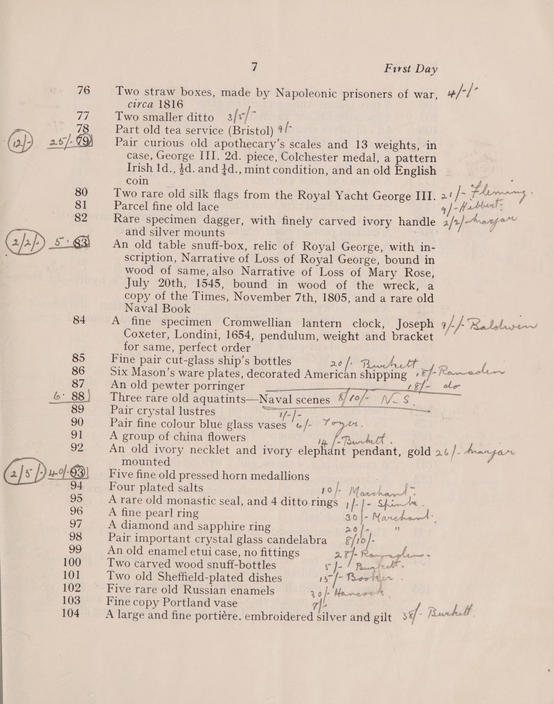 Two straw boxes, made by Napoleonic prisoners of war, w/-/° circa 1816 ; Two smaller ditto 3/ a } Part old tea service (Bristol) 9! Pair curious old apothecary’s scales and 13 weights, in case, George III. 2d. piece, Colchester medal, a pattern Irish 1d., $d. and 4d., mint condition, and an old English coin f P) Two rare old silk flags from the Royal Yacht George III. 2 /- at Sar ; Parcel fine old lace q]-# er Rare specimen dagger, with finely carved ivory handle afr] -Arenge© -and silver mounts : ; An old table snuff-box, relic of Royal George, with in- scription, Narrative of Loss of Royal George, bound in wood of same, also Narrative of Loss of Mary Rose, July 20th, 1545, bound in wood of the wreck, a copy of the Times, November 7th, 1805, and a rare old Naval Book A fine specimen Cromwellian lantern clock, Joseph Coxeter, Londini, 1654, pendulum, weight and bracket for same, perfect order | Fine pair cut-glass ship’s bottles 20 f Ratt Six Mason’s ware plates, decorated American shipping ° An old pewter porringer a Three rare old aquatints—Naval scenes % Pair crystal lustres aE Pair fine colour blue glass vases ‘ /- Taye. A group of china flowers , f: Jot. An old ivory necklet and ivory eleph Hepat, gold 26 / ; Anangar mounted Five fine old pressed horn medallions Four plated salts Nol “Miche A A rare old monastic seal, and 4 ditto rings , /- a q /- /- yr oe ae ud GO 4. Fe ee ead i. aid y, = o~ —   A fine pearl ring Bode MaxcdeacnA’ A diamond and sapphire ring ao]. r Pair important crystal glass candelabra E/10]- An old enamel etui case, no fittings 9 Plo Fee imnghte = Two carved wood snuff-bottles cf- Rated Two old Sheffield-plated dishes 157 [- Trewin - Five rare old Russian enamels 30 | be ne Or Fine copy Portland vase 7 | / or A large and fine portiére, embroidered silver and eit, 3 ae