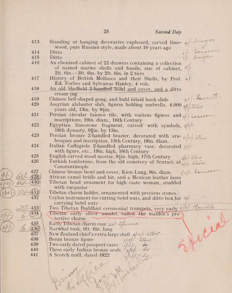 413 Standing or hanging decorative cupboard, carved lime- y/° - wood, pure Russian style, made about 10 years ago | aes 414 Ditto Mego: ALSiliiw Ditto 7/- Aoor® 416 An ebonized cabinet of 22 drawers containing a collection __) of named marine shells and fossils, size of cabinet, 2{t. 6in.—3ft. 6in. by 2ft. 6in. in 2 tiers | 417 History of British Mollusca and their Shells, by Prof. |: Ed. Forbes and Sylvanus Hanley, 4 vols. 418 _ An_old Sheffeld_2-handted “bow! and cover, and_a ditto Soe i cream Jug | W tr 419 Chinese bell-shaped gong, and buhl inlaid book slide ci Ney eos 420 Assyrian alabaster slab, figures holding umbrella, 4 000 ¢ years old, 13in. by 9iin. : 421 Persian circular (diene tile, with various figures and «; I. Saanortr™ inscriptions, 19in. diam., 16th Century 422 Egyptian limestone fragment, carved with symbols, ee 18th dynasty, 92in. by 13in. 423 Persian bronze 2- handled brazier, decorated with ara- 1 fo}. LY ue besques and inscription, 13th Century, 18in. diam. ca 424 Italian Caffagiolo 2-handled pharmacy vase, decorated 5 with figure, etc., 19in. high, 16th Century Constantinople : ; , Ti _, 427 .. Chinese bronze bowl and cover, Kien-Lung, 9in. diam. if 4 ” Soe i L/S GS 428) African camel bridle and bit, and a Mexican leather lasso 2 fro) ty 430) gaan head ornament for high caste woman, studded ee enna e with turquoise Glo) JO -@) Tibetan charm holder, ornamented with precious stones— 432 Ceylon instrument for cutting betel nuts, and ditto box for 2 ae. carrying betel nuts ys , 2 267 “ey Two Tibetan Buddhist ceremonial trumpets, very early 2 al Sid SM east Se (19 (434 Ti betan™ early silvér~amulet, eatled- the maiden’s “pro-) , K, ws we“ tective charm 9 “i : A : , 435. Early Tibetan charm case 22/, » Lf eye, ‘ 1 6 436) \ Narwhal tusk, 6ft. 6in. long ETO ‘ r | 437 \ New Zealand chief’s extra large staff ape fa How? . \ g AZ 438 | Benin bronze figure 1/187. /- Sheus p&gt; he ‘J 439 \Twoearly dated passport cases ; i/1°o) ole ry 440 Three early Indian bronze seals 2/16 ol- - ae ™ 44] \A Scotch mull, dated 1822 iy Ly Be nf iJ ; ‘ \ xu x \ 8g t \ i \ ( v OA A \ 
