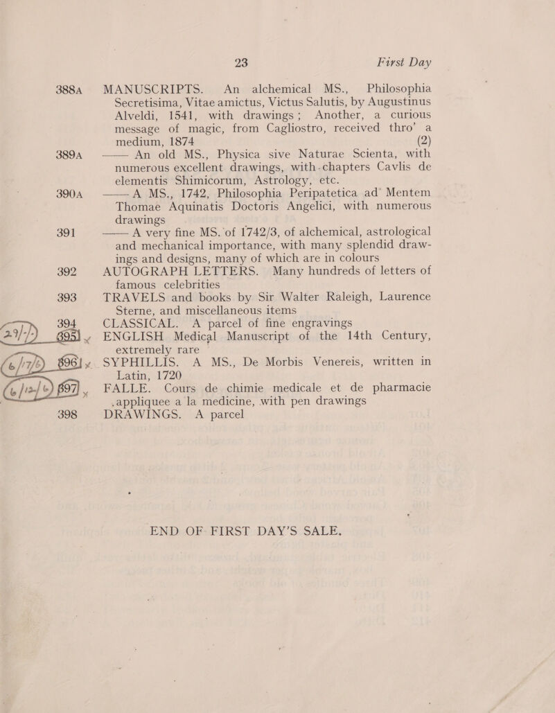  MANUSCRIPTS. An alchemical MS., Philosophia Secretisima, Vitae amictus, Victus Salutis, by Augustinus Alveldi, 1541, with drawings; Another, a curious message of magic, from Cagliostro, received thro’ a medium, 1874 (2) An old MS., Physica sive Naturae Scienta, with numerous excellent drawings, with.chapters Cavlis de elementis Shimicorum, Astrology, etc. ——A MS., 1742, Philosophia Peripatetica ad’ Mentem Thomae Aquinatis Doctoris Angelici, with numerous drawings ‘ A very fine MS. of 1742/3, of alchemical, astrological and mechanical importance, with many splendid draw- ings and designs, many of which are in colours AUTOGRAPH LETTERS. Many hundreds of letters of famous celebrities TRAVELS and books by Sir Walter Raleigh, Laurence Sterne, and miscellaneous items CLASSICAL. A parcel of fine engravings ENGLISH Medical Manuscript of the 14th Century, extremely rare | SYPHILLIS. A MS., De Morbis Venereis, written in Latin, 1720 FALLE. Cours de chimie medicale et de pharmacie _appliquee a la medicine, with pen drawings DRAWINGS. A parcel   END OF: FIRST DAY’S SALE.