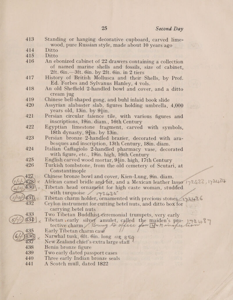   25 Second Day Standing or hanging decorative cupboard, carved lime- wood, pure Russian style, made about 10 years ago Ditto Ditto An ebonized cabinet of 22 drawers containing a collection of named marine shells and: fossils, size of cabinet, 2{t. 6in.— 3{t. 6in. by 2ft. 6in. in 2 tiers History of British Mollusca and their Shells, by Prof. Ed. Forbes and Sylvanus Hanley, 4 vols. An old Sheffield 2-handled bowl and cover, and a ditto cream jug Chinese bell-shaped gong, and buhl inlaid book slide Assyrian alabaster slab, figures holding umbrella, 4,000 years old, 13in. by Q#in. Persian circular faience tile, with various figures and inscriptions, 19in. diam., 16th Century Egyptian limestone fragment, carved with symbols, 18th dynasty, 92in. by 13in. Persian bronze 2-handled brazier, decorated with ara- besques and inscription, 13th Century, 18in. diam. Italian Caffagiolo 2-handled pharmacy vase, decorated with figure, etc., 19in. high, 16th Century English carved wood mortar, 94in. high, 17th Century Turkish tombstone, from the old cemetery of Scutari, at Constantinople Chinese bronze bowl and cover, Kien-Lung, 9in. diam. with turquoise “ 724-34 - Ceylon instrument for cutting betel nuts, and ditto box for — carrying betel nuts Iwo Tibetan Buddhist-ceremonial trumpets, very early fw Early Tibetan charm casé fa / Narwhal tusk, 6ft. 6in. long rg S59 New Zealand chief’s extra large staff Benin bronze figure Two early dated passport cases Three early Indian bronze seals A Scotch mull, dated 1822 &gt; ¢ ie Cri t? 2LES Li f