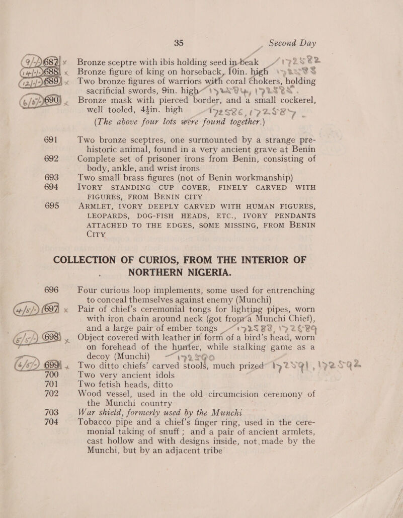 2 ae _ Second Day Bronze sceptre with ibis holding seed in. Wak A VEES &amp;?@ Bronze figure of king on horseback, I0in. high pres Two bronze figures of warriors with coral chokers, holding sacrificial swords, 9in. high” \5%NY py [PUI SS Bronze mask with pierced border, and a small Ock etal, well tooled, 44in. high IF2SRE 7 BRS as  (The above four lots were found together.) 691 Two bronze sceptres, one surmounted by a strange pre- historic animal, found in a very ancient grave at Benin 692 Complete set of prisoner irons from Benin, consisting of body, ankle, and wrist irons 693 Two small brass figures (not of Benin workmanship) 694 IVORY STANDING CUP COVER, FINELY CARVED WITH FIGURES, FROM BENIN CITY 695 ARMLET, IVORY DEEPLY CARVED WITH HUMAN FIGURES, LEOPARDS, DOG-FISH HEADS, ETC., IVORY PENDANTS ATTACHED TO THE EDGES, SOME MISSING, FROM BENIN CITY COLLECTION OF CURIOS, FROM THE INTERIOR OF NORTHERN NIGERIA. 696 Four curious loop implements, some used for entrenching to conceal themselves against enemy (Munchi) Pair of chief’s ceremonial tongs for lighting pipes, worn with iron chain around neck (got froma Munchi Chief), and a large pair of ember tongs _- A’ 3 B83, MYVSORQ Object covered with leather in form i a bird’s iad worn on forehead of the hunter, while stalking game as a decoy (Munchi) =“ \998@e hue Se Two ditto chiefs’ carved stools, eG prized 2 VE) , WVVVQe Two very ancient idols : Two fetish heads, ditto Wood vessel, used in the old circumcision ceremony of the Munchi country 703 War shield, formerly used by the Munchi 704 Tobacco pipe and a chief’s finger ring, used in the cere- monial taking of snuff; and a pair of ancient armlets, cast hollow and with designs inside, not,made by the Munchi, but by an adjacent tribe’ 