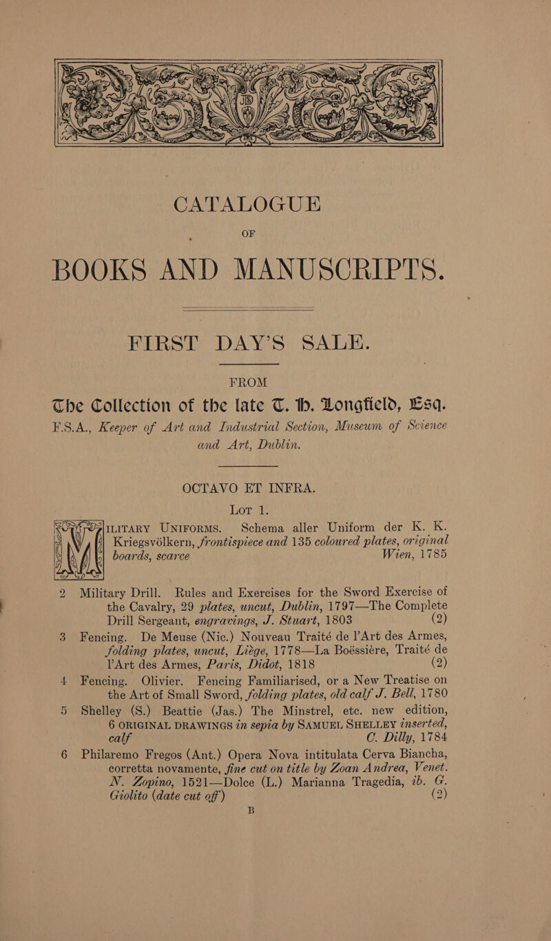   OF BOOKS AND MANUSCRIPTS.   FIRST DAY’S SALE. FROM The Collection of the late T. th. Longfield, Lsq. FS.A., Keeper of Art and Industrial Section, Museum of Scvence and Art, Dublin. OCTAVO ET INFRA. Lor 1. ILITARY UNirorRMS. Schema aller Uniform der K. K. Kriegsvélkern, frontispiece and 135 coloured plates, original boards, scarce Wien, 1785  2 Military Drill. Rules and Exercises for the Sword Exercise of the Cavalry, 29 plates, uncut, Dublin, 1797—The Complete Drill Sergeant, engravings, J. Stuart, 1803 (2) 3 Fencing. De Meuse (Nic.) Nouveau Traité de l’Art des Armes, folding plates, wncut, Liege, 1778—lLa Boéssiére, Traité de VArt des Armes, Paris, Didot, 1818 (2) 4 Fencing. Olivier. Fencing Familiarised, or a New Treatise on the Art of Small Sword, folding plates, old calf J. Bell, 1780 Shelley (S.) Beattie (Jas.) The Minstrel, ete. new edition, 6 ORIGINAL DRAWINGS in sepia by SAMUEL SHELLEY inserted, calf C. Dilly, 1784 6 Philaremo Fregos (Ant.) Opera Nova intitulata Cerva Biancha, corretta novamente, fine cut on title by Zoan Andrea, Venet. N. Zopino, 1521—Dolce (L.) Marianna Tragedia, 7b. G. Giolito (date cut off’) (2) B Or