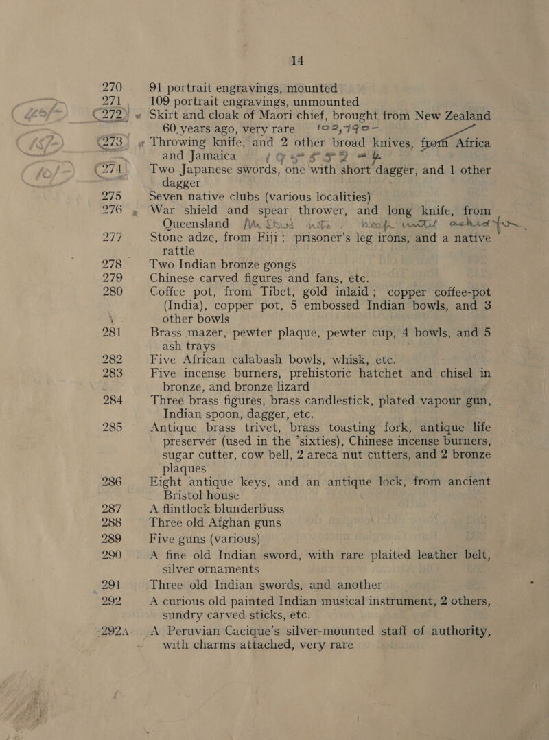 270 91 portrait engravings, mounted 271, 109 portrait engravings, unmounted \272) « Skirt and cloak of Maori chief, brought from New Zealand 60. years ago, veryrare '02,7q9oO- (273) » Throwing knife, and 2 other broad knives, f Africa and Jamaica (gy ssa =&lt; (274 Two Japanese swords, one with short dagger, and 1 other | dagger 275 Seven native clubs (various localities) 276 » War shield and spear thrower, and long knife, from Queensland [WW Sts anihe - beef wtf ache pr_ 277 Stone adze, from Fiji; prisoner’s leg irons, and a native rattle 278 Two Indian bronze gongs 279 Chinese carved figures and fans, etc. 280 Coffee pot, from Tibet, gold inlaid; copper coffee-pot (India), copper pot, 5 embossed Indian bowls, and 3 4 other bowls 281 . Brass mazer, pewter plaque, pewter cup, 4 bowls, and 5 ash trays 282 Five African calabash bowls, whisk, etc. 283 Five incense burners, prehistoric hatchet and chisay in | bronze, and bronze lizard 284 Three brass figures, brass candlestick, plated vapour gun, Indian spoon, dagger, etc. 285 Antique brass trivet, brass toasting fork, antique life preserver (used in the ’sixties), Chinese incense burners, sugar cutter, cow bell, 2 areca nut cutters, and 2 bronze plaques 286 Eight antique keys, and an antique lock, from ancient Bristol house . 287 A flintlock blunderbuss 288 Three old Afghan guns 289 Five guns (various) 290) A fine old Indian sword, with rare plaited leather belt, silver ornaments W291 Three old Indian swords, and another _ 292 A curious old painted Indian musical instrument, 2 otis sundry carved sticks, etc. 2924. A Peruvian Cacique’s silver-mounted staff of authority, with charms attached, very rare