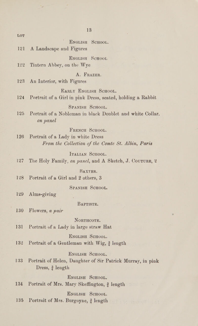 121 123 124 126 133 134 13 ENGLISH SCHOOL. A Landscape and Figures ENGLISH ScHOOL Tintern Abbey, on the Wye A. FRaAzER. An Interior, with Figures HarRLY EN@uisH SCHOOL. Portrait of a Girl in pink Dress, seated, holding a Rabbit SPANISH SCHOOL. Portrait of a Nobleman in black Doublet and white Collar. on panel FRENCH SCHOOL. Portrait of a Lady in white Dress From the Collection of the Comte St. Albin, Paris ITALIAN SCHOOL. The Holy Family, on panel, and A Sketch, J. Coururg, 2 BAXTER. Portrait of a Girl and 2 others, 3 SPANISH SCHOOL. Alms-giving BAPTISTE. Flowers, a@ pair NortTHOOTE. Portrait of a Lady in large straw Hat ENGLISH SCHOOL. Portrait of a Gentleman with Wig, 2 length ENGLISH SCHOOL. Portrait of Helen, Daughter of Sir Patrick Murray, in pink Dress, ? length EneiisH ScHOoOL. Portrait of Mrs. Mary Skeffington, 3 length ENGLISH ScHOOL.
