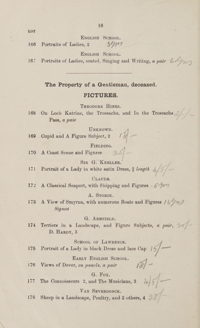 166 168 174 177 178 16 ENGLISH SCHOOL. Portraits of Ladies, 2 Si ENGLISH SCHOOL. The Property of a Gentleman, deceased. PICTURES. THEODORE HINES. Pass, a pair UnkNown. ye Cupid and A Figure Subject, 2 = / > — FIELDING. * A Coast Scene and Figures eo Sir G. KNeLuer. : Portrait of a Lady in white satin Dress, ? length 4 /> CLAUDE. “= A Classical Seaport, with Shipping and Figures - 5%07 A. STORCK. Signed G. ARMFIELD. Terriers in a Landscape, and Figure Subjects, @ pair, D. Harpy, 3 — ScHoot or LAWRENCE. | oe f Portrait of a Lady in black Dress and lace Cap | 4 /-~ : } | Earty EneuisH ScHoo.u. Views of Dover, on panels, a pair 15/ = G. Fox. seit? . ° ° ya ny er The Connoisseurs 2, and The Musicians, 3 AD oes ( VAN SEVERDONCK. “ Sheep in a Landscape, Poultry, and 2 others, 4 2/0 f 4