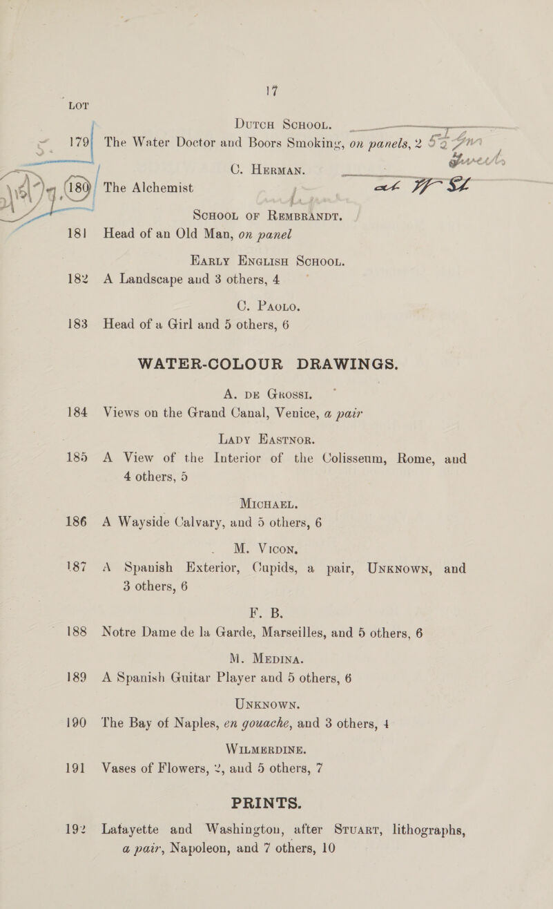 LOT Dutca ScHoo.L. ~ [ C. Herman. 9 (8) The Alchemist | >} wy J eX “4 i. ne 181 Head of an Old Man, on panel 182 A Landscape and 3 others, 4 C. PaAo.o. 183 Head of a Girl and 5 others, 6 A. DE GkoSssI. Lapy EAStTnor. 4 others, 5 | MiIcHAEL. 186 A Wayside Calvary, and 5 others, 6 M. Vicon. 3 others, 6 iB. M. MrEpINA. UNKNOWN. WILMERDINE. 191 Vases of Flowers, 2, and 5 others, 7 PRINTS.