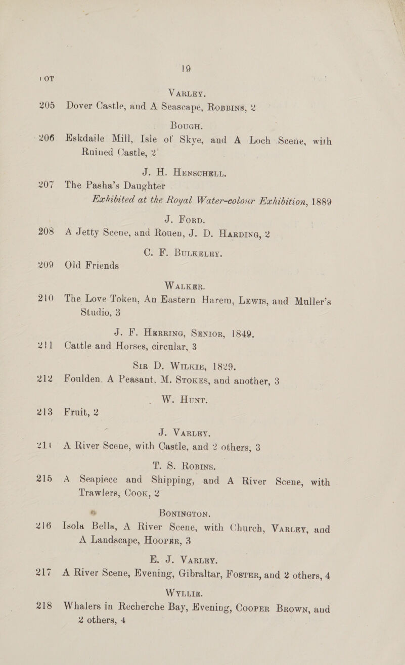 1.OT 205 207 208 209 210 nl 212 213 19 V ARLEY. Dover Castle, and A Seascape, Ropsrys, 2 Boueu. Eskdaile Mill, Isle of Skye, and A Loch Scene, with Ruined Castle, 2 J. H. Henscue.t. The Pasha’s Daughter Kambited at the Royal Water-colour Exhibition, 1889 J. Forp. A Jetty Scene, and Rouen, J. D. HarpIn@, 2 C. F. BuLKEuey. Old Friends WALKER. The Love Token, An Eastern Harem, Lewis, and Muller’s Studio, 3 J. F. Herring, Senior, 1849. Cattle and Horses, circular, 3 Sir D. Wiuxig, 1829. Foulden, A Peasant, M. Sroxns, and another, 3 W. Hon. Prait, 2 J. VARLEY. A River Scene, with Castle, and 2 others, 3 T. S. Ropms. A Seapiece and Shipping, and A River Scene, with Trawlers, Cook, 2 % BonINnNGTON. Isola Bella, A River Scene, with Church, VARLEY, and A Landscape, Hooprr, 3 EK. J. Varwey. A River Scene, Evening, Gibraltar, Fosrer, and 2 others, 4 WYLLIE. Whalers in Recherche Bay, Evening, CoopEr Brown, aud
