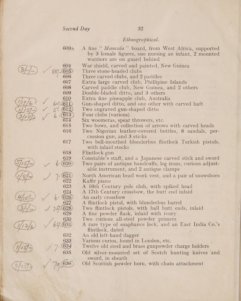   Second Day 32 Ethnographical. 6094 A fine ‘‘ Mancala’’ board, from West Africa, supported by 3 female figures, one nursing an infant, 2 mounted watrlors are on guard behind 604 War shield, carved and painted, New Guinea v §t.{605&gt; Three stone-headed clubs — 606 Three carved clubs, and 2 paddles 607 Extra large carved club, Phillipine Islands 608 Carved paddle club, New Guinea, and 2 others 609 Double-bladed ditto, and 3 others 610 Extra fine pineapple club, Austraha Gun-shaped ditto, and one other with carved haft Two engraved gun-shaped ditto Four clubs (various) Six woomeras, spear throwers, etc. Two bows, and collection of arrows with carved heads Two Nigerian leather-covered bottles, 8 sandals, per- cussion gun, and 3 sticks Two bell-mouthed blunderbus flintlock Turkish pistols, with inlaid stocks Flintlock gun Constable’s staff, and a Japanese carved stick and sword Two pairs of antique handcuffs, leg irons, curious adjust- - able instrument, and 2 antique clamps North American bead work vest, and a pair of snowshoes Kaffir piano A 16th Century pole club, with spiked head A 17th Century crossbow, the butt end inlaid An early crossbow A flintlock pistol, with blunderbus barrel Two flintlock pistols, with ball butt ends, inlaid A fine powder flask, inlaid with ivory Two curious all-steel powder primers A rare type of snaphance lock, and an East India Co.’s flintlock, dated An old left-hand dagger Various curios, found in London, etc. Twelve old steel and brass gunpowder charge holders ~ Old silver-mounted set of Scotch hunting knives and sword, in sheath Old Scottish powder horn, with chain attachment 