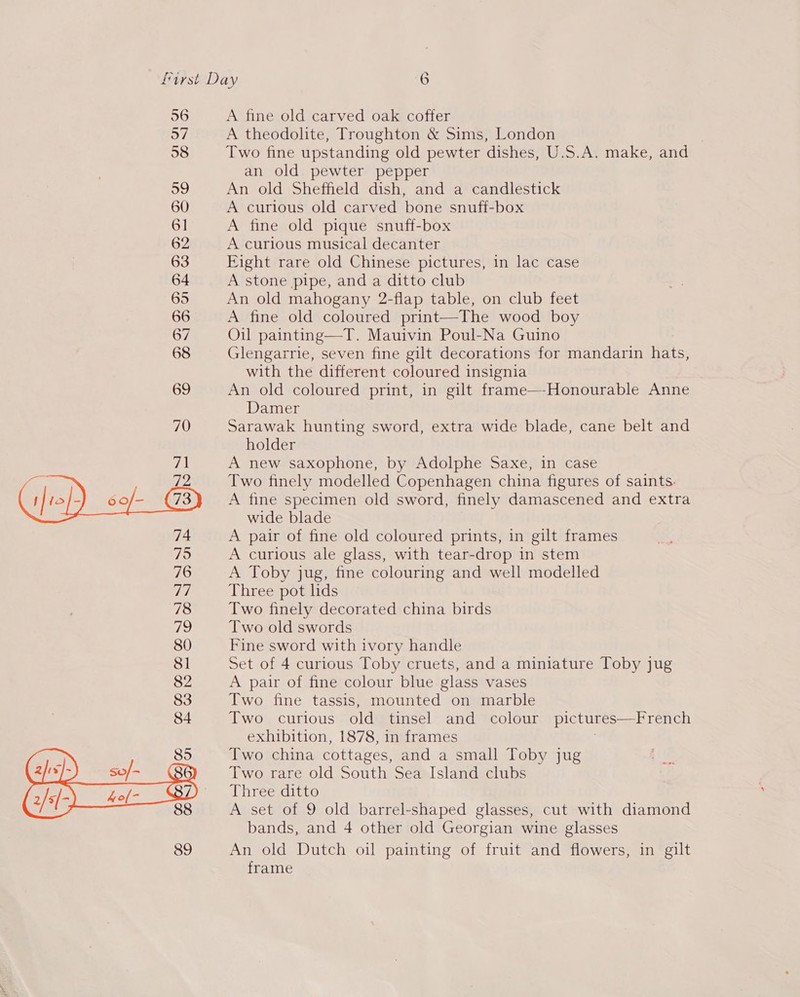 o7 58 59 60 61] 62 63 64 65 66 67 68  A theodolite, Troughton &amp; Sims, London | Two fine upstanding old pewter dishes, U.S.A. make, and an old pewter pepper An old Sheffield dish, and a candlestick A curious old carved bone snuff-box A fine old pique snuff-box A curious musical decanter Eight rare old Chinese pictures, in lac case A stone pipe, and a ditto club An old mahogany 2-flap table, on club feet A fine old coloured print—The wood boy Oil painting—T. Mauivin Poul-Na Guino Glengarrie, seven fine gilt decorations for mandarin hats, with the different coloured insignia An old coloured print, in gilt frame—-Honourable Anne Damer Sarawak hunting sword, extra wide blade, cane belt and holder A new saxophone, by Adolphe Saxe, in case Two finely modelled Copenhagen china figures of saints: A fine specimen old sword, finely damascened and extra wide blade A pair of fine old coloured prints, in gilt frames A curious ale glass, with tear-drop in stem A Toby jug, fine colouring and well modelled Three pot lids Two finely decorated china birds Two old swords Fine sword with ivory handle Set of 4 curious Toby cruets, and a miniature Toby jug A pair of fine colour blue glass vases Two fine tassis, mounted on marble Two curious old tinsel and colour pictures—French exhibition, 1878, in frames Two china cottages, and a small Toby jug Two rare old South Sea Island clubs Threeiditto A set of 9 old barrel-shaped glasses, cut with diamond bands, and 4 other old Georgian wine glasses An old Dutch oil painting of fruit and flowers, in gilt frame