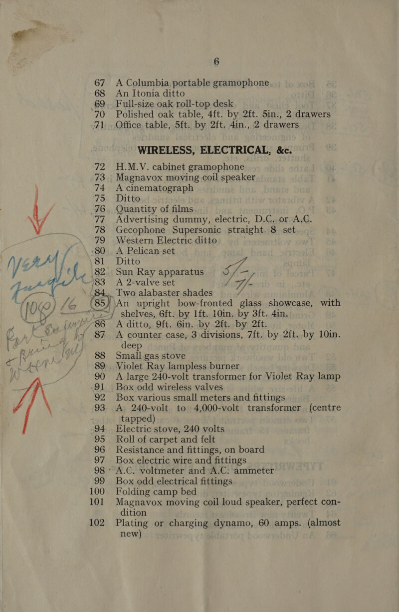 67 A Columbia portable gramophone -68 An Itonia ditto 69. Full-size oak roll-top desk ‘70 Polished oak table, 4ft. by 2ft. 5in., 2 drawers 71. Office table, 5ft. by 2ft. 4in., 2 drawers WIRELESS, ELECTRICAL, &amp;c. 72 H.M.V. cabinet gramophone .73. Magnavox moving coil speaker 74 &lt;A cinematograph ; 75 Ditto a 76. Quantity of films NN 77 Advertising dummy, electric, D.C. or A.C. 78 Gecophone Supersonic straight. 8 set 79 Western Electric ditto A f ‘80. A Pelican set NER” /,q \81, Ditto 7 / df Lf 82. Sun Ray apparatus / “Ly Aha “983 A 2-valve set 1 Fy- cote i ait ,. Two alabaster shades tf )@) /&amp; (85/ An upright bow-fronted glass showcase, with all» “dit ~~) shelves, 6ft. by 1ft. 10in, by 3ft. 4in. } Ma, We 786. A ditto, 9ft, 6in,, by .2ft... by 2ft, Ne ») 87 A counter case, 3 divisions, ” ait. by 2ft. by 10in. s} deep 88 Small gas stove 89 . Violet Ray lampless burner 90 A large 240-volt transformer for Violet Ray lamp 91 Box odd wireless valves 92 Box various small meters and fittings 93. A 240-volt to 4,000-volt transformer (centre | tapped) 94 Electric stove, 240 volts 95 Roll of carpet and felt 96 Resistance and fittings, on board 97 Box electric wire and fittings 98 « A.C. voltmeter and A.C: ammeter 99 Box odd electrical fittings 100 Folding camp bed 101 Magnavox moving coil loud speaker, perfect con- dition 102 Plating or charging dynamo, 60 amps. (almost new) 