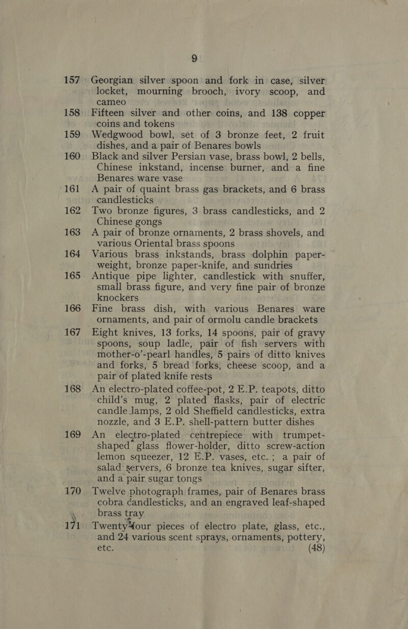 157 158 159 160 161 162 168 164 165 166 167 168 169 locket, mag reeds brooch, ivory scoop, and cameo | Fifteen silver and other coins, and 138 copper coins and tokens . Wedgwood bowl, set of 3 bronze feet, 2 fruit dishes, and a pair of Benares bowls Black and silver Persian vase, brass: bowl, 2 bells, Chinese inkstand, incense burner, and a fine Benares ware vase A pair of quaint brass gas brackets, and 6 brass candlesticks Two bronze figures, 3 brass candlesticks, and 2 Chinese gongs A pair of bronze ornaments, 2 brass shovels, and various Oriental brass spoons Various brass inkstands, brass dolphin paper- weight, bronze paper-knife, and sundries Antique pipe lighter, candlestick with snuffer, small brass figure, and very fine pair of bronze knockers Fine brass dish, with various Benares ware ornaments, and pair of ormolu candle brackets Eight knives, 13 forks, 14 spoons, pair of gravy spoons, soup ladle, pair of fish servers with mother-o’-pearl handles, 5 pairs of ditto knives and forks, 5 bread forks, cheese scoop, and a pair of plated knife rests An electro-plated coffee-pot, 2 E.P. teapots, ditto child’s mug, 2 plated flasks, pair of electric candle.lamps, 2 old Sheffield candlesticks, extra nozzle, and 3 E.P. shell-pattern butter dishes An_ electro- -plated centrepiece with trumpet- shaped’ glass flower- holder, ditto screw-action lemon squeezer, 12 E.P. vases, etc.; a pair of salad servers, 6 bronze tea Sh ai at sugar sifter, and a pair sugar tongs Twelve photograph frames, pair of Fomeaos brass cobra candlesticks, and an engraved leaf-shaped brass tray Twentyfour pieces of electro plate, glass, etc., and 24 various scent ea ornaments, pottery, etc, (48)