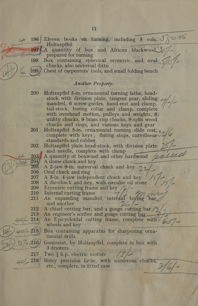 n es ee epee mee a —_ A ft V\&gt;  LP 196] Eleven books .on ‘turning, including 5 yore Met U cp -, Holtzapffel err : A quantity of box and African eeevont 177 ; prepared for turning 4 i, 4 198 Box containing spherical eccentric and oval Yes te : 4 | ‘) —, chucks, also universal ditto / Bh WA, Ei 199 Chest of carpenters’ tools, and small folding bench aes Mbabther Property. 200 Holtzapffel 5-in. ornamental turning lathe, head- stock with division plate, tangent gear, sliding: ,, mandrel, 6 screw-guides, hand-rest and clamp, Y. i Ge tail-stock, boring collar and clamp, complete. with overhead motion, pulleys and weights, 8. utility chucks, 9 brass cup chucks, 9 split wood. chucks and rings, and various keys and gear 201 Holtzapffel 5-in. ornamental turning slide rest, % 4 he complete with keys; fluting stops, curvilinear JY 2 standards and rubber / x, 202 Holtzapffel plain head-stock, with division plate. {5 /—___ and needle, complete with clamp ie hfe ay A quantity of boxwood and other hardwood fee Got L. bé wilh 204) A dome chuck and key Sh UV? \ A 2-jaw 9-in. universal chuck and key 342/ a, 206 Oval chuck and ring L/- A ‘ 207 A 5-in. 4-jaw independent chuck and key © /4 /- _y 208 A die-chuck and key, with seas Oy stone’. f. AT 209 Eccentric cutting frame and key “4 / 7: 210 Internal cutting frame 4, fl hap pps aif 211 An expanding mandrel, inte al ey Dar, and another 212 A chisel cutting bar, and a gouge at Oe: bar /2,/ | _ 213 An engineer’s scriber and gouge cutting ba Reet RMI a BO fo 214/ An Epicycloidal cutting frame, a 1 an ~~ wheels and key a least AEE ERR up Lp fo /- 15) Box containing apparatus for sharpening. orna- . mental drills 4 y ns 57&gt; ’, 216) Goniostat, by Holtzapffel, complete in box with. a4 3 drawers f 217. Two 4 h.p. electric motors /b/- gol, 218} Boley. precision lathe, with numerous chucks,— fr re etc., complete, in fitted case