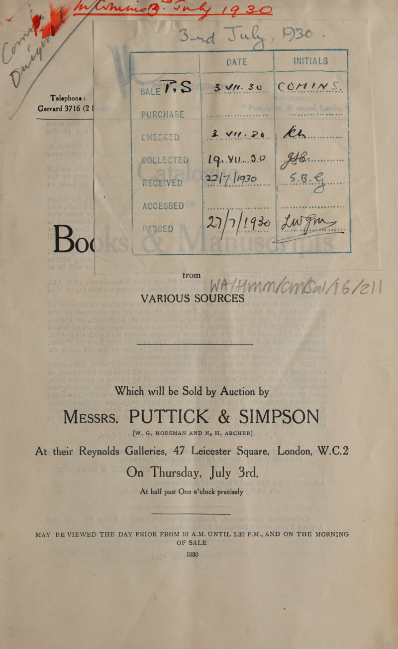    CHEGKED 2B ver. Pe.) AA......... | COLLECTED | 19..¥u...9.2. iy. ncoewen 22/7 1930. trom (w. G. HORSMAN AND N, H. ARCHER) At half past One o’clock precisely ; OF SALE. 1930