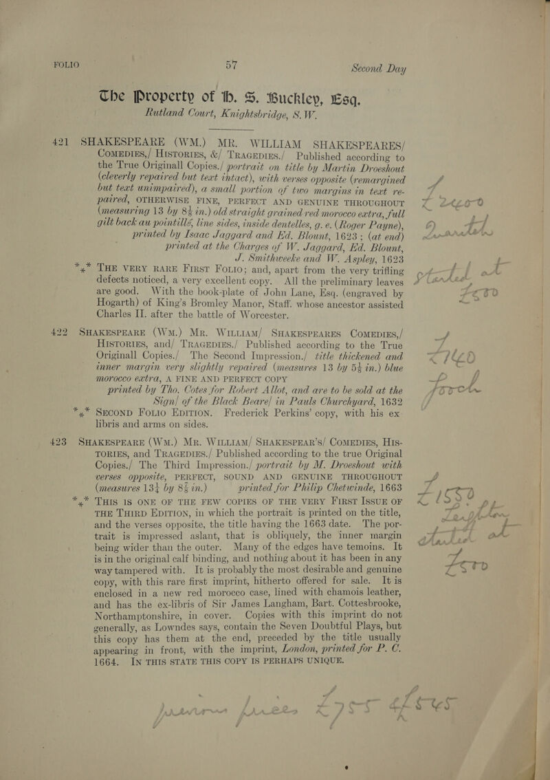 Che Property of tb. S. Buckley, Esq. Rutland Court, Knightsbridge, 8. W. 421 SHAKESPEARE (WM.) MR. WILLIAM SHAKESPEARES/ CoMEDIES, / Historiss, &amp;/ Tracepies./ Published according to the True Originall Copies./ portrait on title by Martin Droeshout (cleverly repaired but teat intact), with verses opposite (remargined but text unimpaired), a small portion of two margins in teat re- paired, OTHERWISE FINE, PERFECT AND GENUINE THROUGHOUT (measuring 13 by 8% in.) old straight grained red moroceo extra, full gilt back au pointillé, line sides, inside dentelles, g. e. (Roger Payne), printed by Isaac Jaggard and Ed. Blount, 1623 : (at end) printed at the Charges of W. Jaggard, Ed. Blount, J. Smithweeke and W. Aspley, 1623 *,” THE VERY RARE First Fouio; and, apart from th trifling ms , apart from the very ing defects noticed, a very excellent copy. All the preliminary leaves are good. With the book-plate of John Lane, Esq. (engraved by Hogarth) of King’s Bromley Manor, Staff. whose ancestor assisted Charles II. after the battle of Worcester. 42 lo bo SHAKESPEARE (Wm.) Mr. Witttam/ SHAKESPEARES ComeEprEs,/ Historigs, and/ Tragepres./ Published according to the True Originall Copies./ The Second Impression./ title thickened and inner margin very slightly repaired (measures 13 by 5% in.) blue morocco extra, A FINE AND PERFECT COPY printed by Tho. Cotes for Robert Allot, and are to be sold at the Sign/ of the Black Beare! in Pauls Churchyard, 1632 *,* SECOND Foo Epirion. Frederick Perkins’ copy, with his ex- libris and arms on sides. 423 SHAKESPEARE (Wm.) Mr. WILLtAM/ SHAKESPEAR’S/ CoMEDIES, HIs- TORIES, and TRAGEDIES./ Published according to the true Original Copies./ The Third Impression./ portrait by M. Droeshout with verses opposite, PERFECT, SOUND AND GENUINE THROUGHOUT (measures 131 by 8§ in.) vrinted for Philip Chetwinde, 1663 *,* THIS 18 ONE OF THE FEW COPIES OF THE VERY First ISSUE OF THE THIRD EDITION, in which the portrait is printed on the title, and the verses opposite, the title having the 1663 date. The por- trait is impressed aslant, that is obliquely, the inner margin being wider than the outer. Many of the edges have temoins. It is in the original calf binding, and nothing about it has been in any way tampered with. It is probably the most desirable and genuine copy, with this rare first imprint, hitherto offered for sale. It is enclosed in a new red morocco case, lined with chamois leather, and has the ex-libris of Sir James Langham, Bart. Cottesbrooke, Northamptonshire, in cover. Copies with this imprint do not generally, as Lowndes says, contain the Seven Doubtful Plays, but this copy has them at the end, preceded by the title usually appearing in front, with the imprint, London, printed for P. C. 1664. IN THIS STATE THIS COPY IS PERHAPS UNIQUE. i f ed, &gt; ee t(io-U Be ™ a f f é - pelt RDO Pru 7 f ; ~ rar ae 2 ,. aa « rr &lt;¢ .' —, —_ “LSS ») Y ry head ae ? ph ~f $ A prt e 