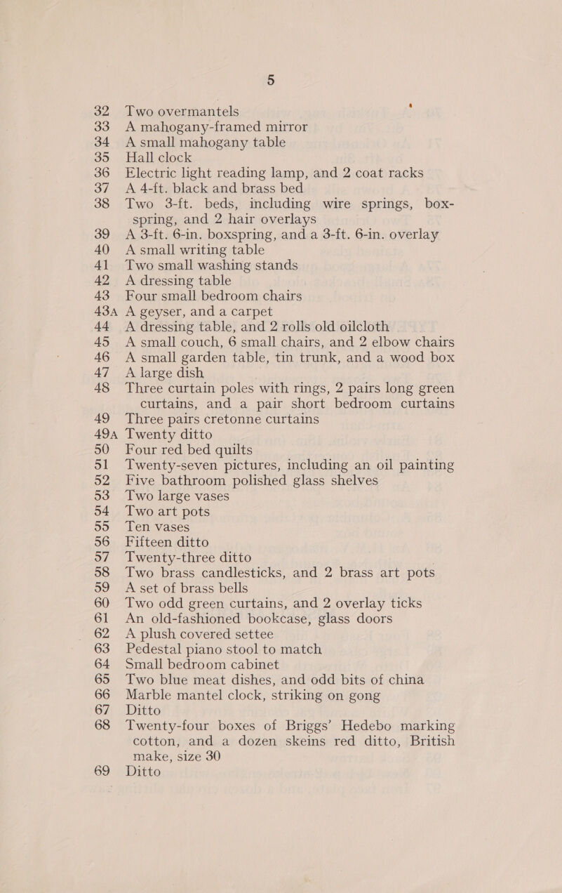 33 34 395 36 37 38 39 40 Al 42 43 A3A 44 45 A6 47 48 49 49a 50 51 52 53 54 55 56 57 58 59 60 61 62 63 64 65 66 67 68 69 A mahogany-framed mirror A small mahogany table Hall clock Electric light reading lamp, and 2 coat racks © A 4-ft. black and brass bed Two 3-ft. beds, including wire ‘Springs, box- spring, and 2 hair overlays A 3-ft. 6-in. boxspring, and a 3-ft. 6-in. overlay A small writing table Two small washing stands A dressing table Four small bedroom chairs A geyser, and a carpet A dressing table, and 2 rolls old oilcloth A small couch, 6 small chairs, and 2 elbow chairs A small garden table, tin trunk, and a wood box A large dish Three curtain poles with rings, 2 pairs long green curtains, and a pair short bedroom curtains Three pairs cretonne curtains Twenty ditto Four red bed quilts Twenty-seven pictures, including an oil painting Five bathroom polished glass shelves Two large vases Two art pots Ten vases Fifteen ditto Twenty-three ditto Two brass candlesticks, and 2 brass art pots A set of brass bells Two odd green curtains, and 2 overlay ticks An old-fashioned bookcase, glass doors A plush covered settee Pedestal piano stool to match Small bedroom cabinet Two blue meat dishes, and odd bits of china Marble mantel clock, striking on gong Ditto Twenty-four boxes of Briggs’ Hedebo marking cotton, and a dozen skeins red ditto, British make, size 30 Ditto