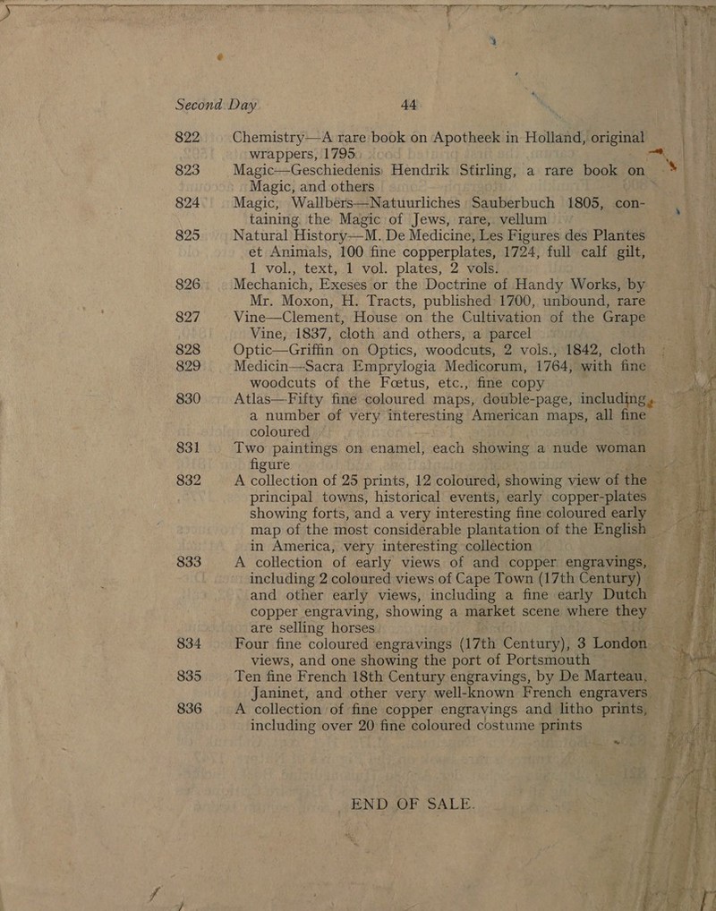 i 4 Second Day +4 822 Chemistry—A rare book on Apotheek in Holland, Prieta ey wrappers, 1795 raed Uae Se 823 Magic—Geschiedenis) Hendrik Stirling, a rare book on oe Magic, and others Set 824 Magic, Wallbers—Natuurliches Sauberbuch 1805, con- ‘ taining the Magic of Jews, rare, vellum 825 Natural History—M. De Medicine, Les Figures des Plantes et Animals, 100 fine copperplates, 1724, full calf gilt, 1 vol., text,..1 vol: plates, 2 vols: ¥ 826 Mechanich, Exeses or the Doctrine of Handy Works, by ai Mr. Moxon, H. Tracts, published) 1700, unbound, rare 827 Vine—Clement, House on the Cultivation of the Grape oe ei Vine, 1837, cloth and others, a parcel ae ee 828 Optic—Griffin on Optics, woodcuts, 2 vols., 1842, cloth © 829 Medicin—Sacra Emprylogia Medicorum, 1764, with fine woodcuts of the Foetus, etc., fine copy 830 Atlas—Fifty fine coloured maps, double-page, including. a number of very interesting American maps, all pe coloured 831 Two paintings on rane each ShSwang a nude a figure 4 832 A collection of 25 prints, 12 coloured, showing view of the Se ie principal towns, historical events, early copper-plates = showing forts, and a very interesting fine coloured early map of the most considerable plantation of the English = in America, very interesting collection — 833 A collection of early views of and copper engravings, including 2 coloured views of Cape Town (17th Century) © and other early views, including a fine early Dutch copper engraving, showing a maaket scene where ine are selling horses ee at 834 Four fine coloured ‘engravings 7th Century), 3 London eal &lt;4 views, and one showing the port of Portsmouth 835 Ten fine French 18th Century engravings, by De Marteau. Janinet, and other very well-known French engravers. 836 A collection of fine copper engravings and litho pane including over 20 fine coloured costume prints . F RAY &amp; EN D.OF SALE. sy: i P Le 