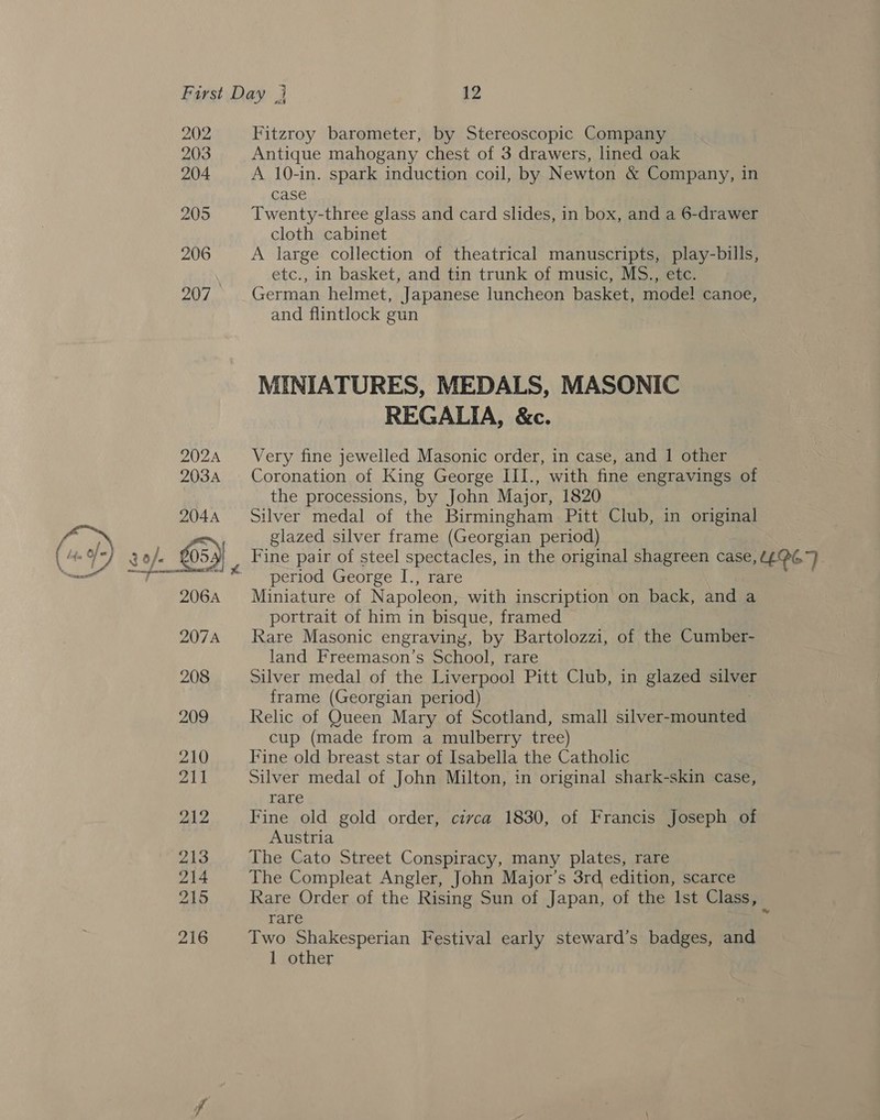 202 Fitzroy barometer, by Stereoscopic Company 203 Antique mahogany chest of 3 drawers, lined oak 204 A 10-in. spark induction coil, by Newton &amp; Company, in case 205 Twenty-three glass and card slides, in box, and a 6-drawer cloth cabinet 206 A large collection of theatrical manuscripts, play-bills, etc., in basket, and tin trunk of music, MG., etc. 207 German helmet, Japanese luncheon basket, mode! canoe, and flintlock gun MINIATURES, MEDALS, MASONIC REGALTA, &amp;c. 202A Very fine jewelled Masonic order, in case, and 1 other 203A Coronation of King George III., with fine engravings of the processions, by John Major, 1820 2044 Silver medal of the Birmingham Pitt Club, in original 7 glazed silver frame (Georgian period) : £05.) Fine pair of steel spectacles, in the original shagreen case, EPG). —fnemrerdinenttnd x, : period George I., rare 206A Miniature of Napoleon, with inscription on back, and a portrait of him in bisque, framed 2074 Rare Masonic engraving, by Bartolozzi, of the Cumber- land Freemason’s School, rare 208 Silver medal of the Liverpool Pitt Club, in glazed Suvet frame (Georgian period) 209 Relic of Queen Mary of Scotland, small silver-mounted cup (made from a mulberry tree) 210 Fine old breast star of Isabella the Catholic  Z1i Silver medal of John Milton, in original shark-skin case, rare 212 Fine old gold order, civca 1830, of Francis Joseph of Austria 213 The Cato Street Conspiracy, many plates, rare 214 The Compleat Angler, John Major’s 3rd edition, scarce 215 Rare Order of the Rising Sun of Japan, of the Ist Class, rare 216 Two Shakesperian Festival early steward’s badges, and 1 other