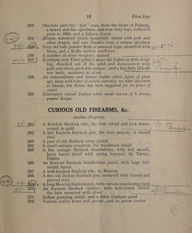 256 259 15 First Day Obsolete pure tin “ hat ’’ coin, from the State of Pahang, a heavy and fine specimen, and now very rare, collected prior to 1834, and a Sahara charm Minute matchlock pistol, beautifully inlaid with gold and silver dragon, and vare Daimio crest, a unique specimen brass, and a Kaffir testicle snuff-box A number of stone weapons, named top, chiselled out of the solid and damascened with wetubasantnarans  Sa LER war knife, mounted in silver An extraordinary and unique leather fetish figure of great age, hung with ropes of cowrte currency, no other specimen is known, but Bornu has been suggested for tts place of origin quaint design CURIOUS OLD FIREARMS, &amp;c. Another Property. — | Ween renin aaron scened in gold A fine Eastern Bw ct gun, the butt entirely of chased steel A pair of old flintlock army pistols A small antique crossbow, the woodwork inlaid A fine antique flintlock blunderbuss, with bell mouth, brass barrel fitted with spring bayonet, by Turner, Dublin An Eastern flintlock blunderbuss pistol, with co bell- mouth barrel A well-finished flintlock rifle, by Manton A fine old Italian flintlock gun, mounted with chased and pierced steel A long Moorish flintlock gun, with curious snaphaunce lock _ An Eastern flintlock carbine, with bell-mouth barrel, the butt mounted with silver Indian parrying shield, and a ditto elephant goad Various native bows and arrows, and an arrow carrier