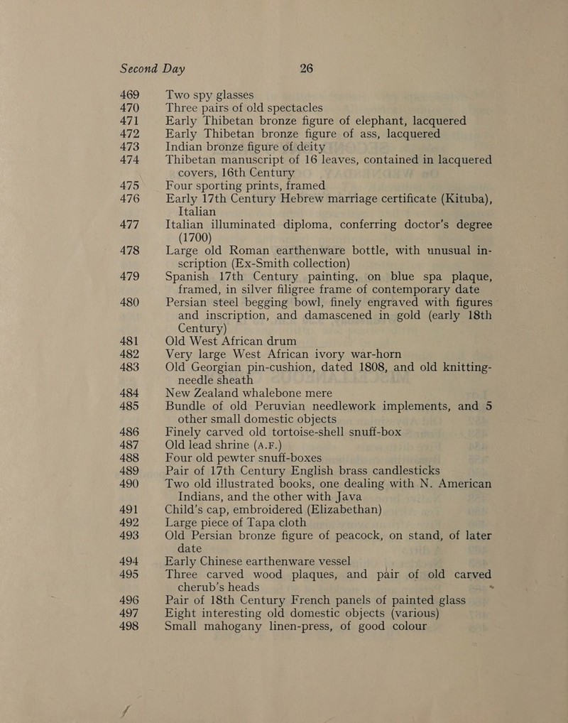469 470 471 472 473 474 475 476 477 478 479 480 481 482 483 484 485 486 487 488 489 490 491 492 493 494 495 496 497 498 Two spy glasses Three pairs of old spectacles Early Thibetan bronze figure of elephant, lacquered Early Thibetan bronze figure of ass, lacquered Indian bronze figure of deity Thibetan manuscript of 16 leaves, contained in lacquered covers, 16th Century Four sporting prints, framed Early 17th Century Hebrew marriage certificate (Kituba), Italian Italian illuminated diploma, conferring doctor’s degree (1700) Large old Roman earthenware bottle, with unusual in- scription (Ex-Smith collection) Spanish 17th Century painting, on blue spa plaque, framed, in silver filigree frame of contemporary date Persian steel begging bowl, finely engraved with figures and inscription, and damascened in gold (early 18th Century) Old West African drum Very large West African ivory war-horn Old Georgian pin-cushion, dated 1808, and old knitting- needle sheath New Zealand whalebone mere Bundle of old Peruvian needlework implements, and 5 other small domestic objects Finely carved old tortoise-shell snuff-box Old lead shrine (4.F.) Four old pewter snuff-boxes Pair of 17th Century English brass candlesticks Two old illustrated books, one dealing with N. American Indians, and the other with Java Child’s cap, embroidered (Elizabethan) Large piece of Tapa cloth Old Persian bronze figure of peacock, on stand, of later date Early Chinese earthenware vessel Three carved wood plaques, and pair of old carved cherub’s heads ” Pair of 18th Century French panels of painted glass Eight interesting old domestic objects (various) Small mahogany linen-press, of good colour