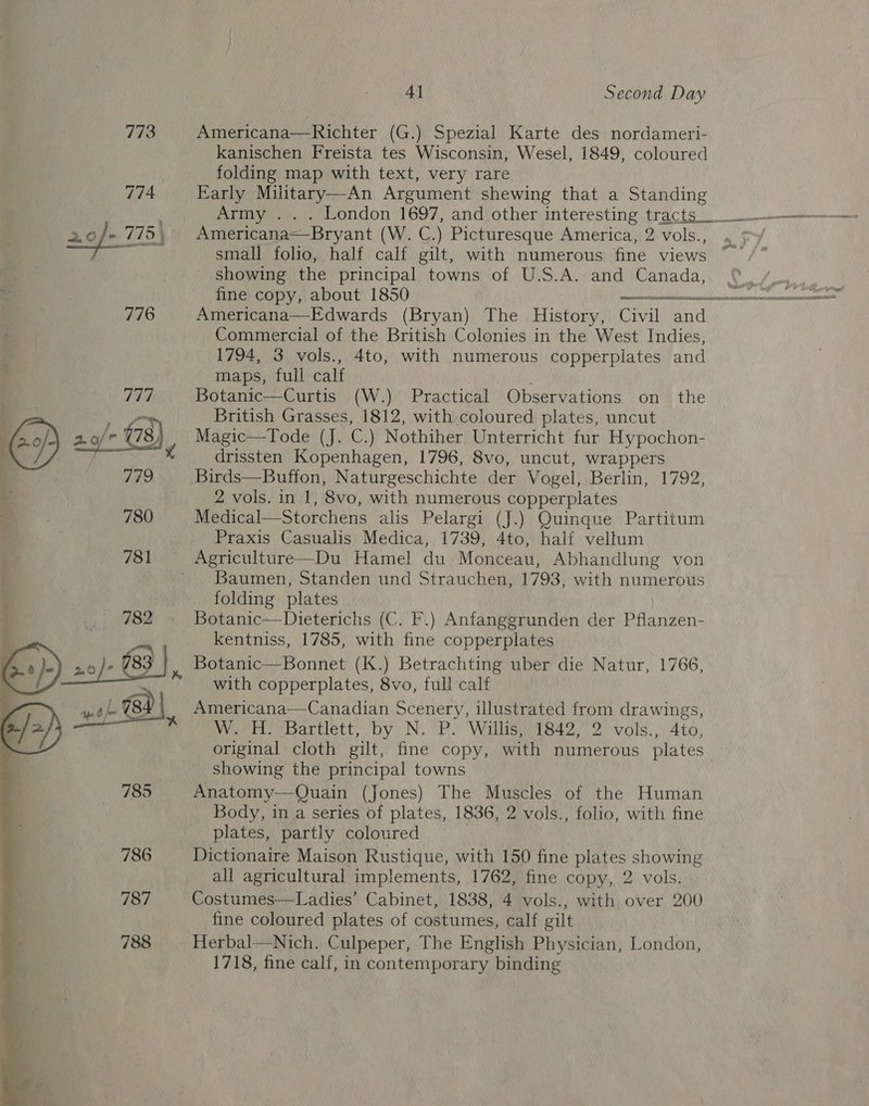  4] Second Day Americana—Richter (G.) Spezial Karte des nordameri- kanischen Freista tes Wisconsin, Wesel, 1849, coloured folding map with text, very rare Early Military—An Argument shewing that a Standing Americana—Bryant (W. C.) Picturesque America, 2 vols., small folio, half calf gilt, with numerous fine views showing the principal towns of U.S.A. and Canada, fine copy, about 1850 Americana Commercial of the British Colonies in the West Indies, 1794, 3 vols., 4to, with numerous copperplates and maps, full calf British Grasses, 1812, with coloured plates, uncut Magic—Tode (J. C.) Nothiher Unterricht fur Hypochon- drissten Kopenhagen, 1796, 8vo, uncut, wrappers Birds—Buffon, Naturgeschichte der Vogel, Berlin, 1792, 2 vols. in 1, 8vo, with numerous copperplates Medical—Storchens alis Pelargi (J.) Quinque Partitum Praxis Casualis Medica, 1739, 4to, half vellum  Baumen, Standen und Strauchen, 1793, with numerous folding plates Botanic—Dieterichs (C. F.) Anfanggrunden der Pflanzen- kentniss, 1785, with fine copperplates Botanic—Bonnet (K.) Betrachting uber die Natur, 1766, with copperplates, 8vo, full calf Americana—Canadian Scenery, illustrated from drawings, W. H. Bartlett, by N. P. Willis, 1842, 2 vols., 4to, original cloth gilt, fine copy, with numerous plates showing the principal towns Anatomy—Quain (Jones) The Muscles of the Human Body, in a series of plates, 1836, 2 vols., folio, with fine plates, partly coloured Dictionaire Maison Rustique, with 150 fine plates showing all agricultural implements, 1762, fine copy, 2 vols. Costumes—Ladies’ Cabinet, 1838, 4 vols., with over 200 fine coloured plates of costumes, calf gilt Herbal—Nich. Culpeper, The English Physician, London, 1718, fine calf, in contemporary binding