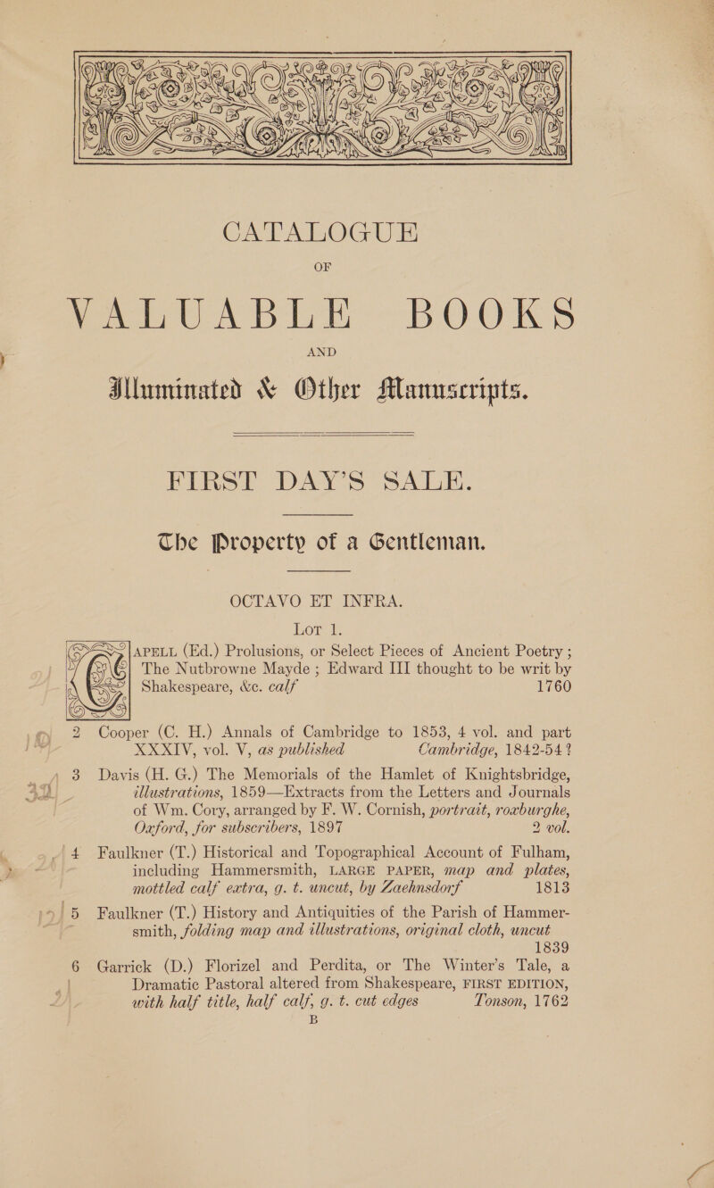  Mlmninated &amp; Other Manuscripts.   FIRST DAY’S SALE. Che Property of a Gentleman. OCTAVO ET INFRA. Lor 1. APELL (Ed.) Prolusions, or Select Pieces of Ancient Poetry ; The Nutbrowne Mayde ; Edward III thought to be writ by Shakespeare, &amp;e. calf 1760  2 Cooper (C. H.) Annals of Cambridge to 1853, 4 vol. and part XXXIV, vol. V, as published Cambridge, 1842-54 ? Davis (H. G.) The Memorials of the Hamlet of Knightsbridge, illustrations, 1859—Extracts from the Letters and Journals of Wm. Cory, arranged by F. W. Cornish, portrait, roxburghe, Oxford, for subscribers, 1897 2 vol. 4 Faulkner (T.) Historical and Topographical Account of Fulham, including Hammersmith, LARGE PAPER, map and plates, mottled calf extra, g. t. uncut, by Zaehnsdorf 1813 5 Faulkner (T.) History and Antiquities of the Parish of Hammer- | smith, folding map and illustrations, original cloth, uncut 1839 Dramatic Pastoral altered from Shakespeare, FIRST EDITION, with half title, half calf, g. t. cut edges Tonson, 1762 B Oo