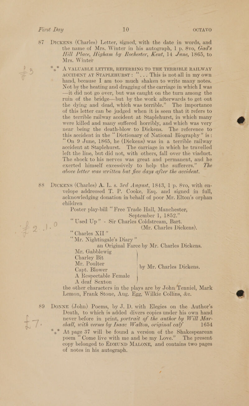 87 DickENS (Charles) Letter, signed, with the date in words, and the name of Mrs. Winter in his autograph, 1 p. 8vo, Grad’s Hill Place, Higham by Rochester, Kent, 14 June, 1865, to Mrs. Winter “% A VALUABLE LETTER, REFERRING TO THE TERRIBLE RAILWAY ACCIDENT AT STAPLEHURST: “... This is not all in my own hand, because I am too much shaken to write many notes. Not by the heating and dragging of the carriage in which I was —it did not go over, but was caught on the turn among the ruin of the bridge—but by the work afterwards to get out the dying and dead, which was terrible.” The importance of this letter can be judged when it is seen that it refers to the terrible railway accident at Staplehurst, in which many were killed and many suffered horribly, and which was very near being the death-blow to Dickens. ‘The reference to this accident in the “‘ Dictionary of National Biography ” is : “On 9 June, 1865, he (Dickens) was in a terrible railway accident at Staplehurst. The carriage in which he travelled left the line, but did not, with others, fall over the viaduct. The shock to his nerves was great and permanent, and he exerted himself excessively to help the sufferers.” The above letter was written but five days after the accident. 88 Dickens (Charles) A. L. s. 37d August, 1843, 1 p. 8vo, with en- velope addressed IT’. P. Cooke, Esq. and signed in full, acknowledging donation in behalf of poor Mr. Elton’s orphan children Poster play-bill “Free Trade Hall, Manchester, September 1, 1852.” “Used Up” - Sir Charles Coldstream, Bart. (Mr. Charles Dickens). ~ Charles XII.” “Mr. Nightingale’s Diary ” an Original Farce by Mr. Charles Dickens. Mr. Gabblewig Charley Bit | ciate rime | by Mr. Charles Dickens. A Respectable Female | A deaf Sexton the other characters in the plays are by J ohn/T enniel, Mark Lemon, Frank Stone, Aug. Egg, Wilkie Collins, &amp;e. 89 DoNnNE (John) Poems, by J. D. with Elegies on the Author’s Death, to which is added divers copies under his own hand never before in print, portrait of the author by Will Mar- shall, with verses by Isaac Walton, original calf 1654 *,* At page 37 will be found a version of the Shakespearean poem ~ Come live with me and be my Love.” The present copy belonged to EpMUND MALONE, and contains two pages of notes in his autograph.