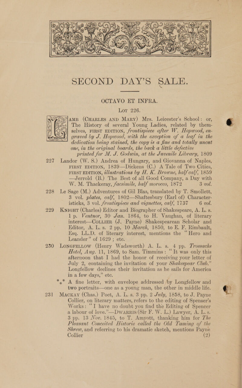    OCTAVO ET INFRA. Lor 226. AMB (CHARLES AND Mary) Mrs. Leicester’s School: or, The History of several Young Ladies, related by them- selves, FIRST EDITION, frontispiece after W. Hopwood, en- graved by J. Hopwood, with the exception of a leaf in the dedication being stained, the copy is a fine and totally uncut one, in the original boards, the back a little defective printed for M. J. Godwin, at the Juvenile Library, 1809 227 lLandor (W.S.) Andrea of Hungary, and Giovanna of Naples, FIRST EDITION, 1839—Dickens (C.) A Tale of Two Cities, FIRST EDITION, ‘llustr ations by H. K. Browne, half calf, 1859 —Jerrold (B.) The Best of all Good Compaty, a Day with W. M. Thackeray, facsimile, half morocco, 1872 3 vol. 228 Le Sage (M.) Adventures of Gil Blas, translated by T. Smollett, 3 vol. plates, calf, 1802—Shaftesbury (Earl of) Character- isticks, 3 vol. frontispiece and vignettes, calf, 1737 6 vol. 229 Kwnicut (Charles) Editor and Biographer of Shakespeare, A. L. s. 1 p. Ventnor, 30 Jan. 1864, to H. Vaughan, of literary interest—CoLLieR (J. Payne) Shakespearean Scholar and Editor, A. L. s. 2 pp. 10 March, 1850, to E. F. Rimbault, Esq. LL.D. of literary interest, mentions the “Hero and Leander” of 1629 ; ete. 230 LONGFELLOw (Henry Wadsworth) A. L. s. 4 pp. Trossachs Hotel, Aug. 11, 1869, to Sam. Timmins: “It was only this afternoon that I had the honor of receiving your letter of July 2, containing the invitation of your Shakespear Club.” Longfellow declines their invitation as he sails for America in a few days,” ete. *,* A fine letter, with envelope addressed /by Longfellow and two portraits—one as a young man, the other in middle life. 231 MacKay (Chas.) Poet, A. L. s. 3 pp. 2 July, 1858, to J. Payne Collier, on literary matters, refers to the editing of Spenser’s Works: “I have no deabe you find the Editing of Spencer o 3 pp. 13 Nov. 1845, to T. Amyott, thanking him for The Pleasant Conceited Historie called the Old Taming of the Shrew, and referring to his dramatic sketch, mentions Payne Collier (2) : 