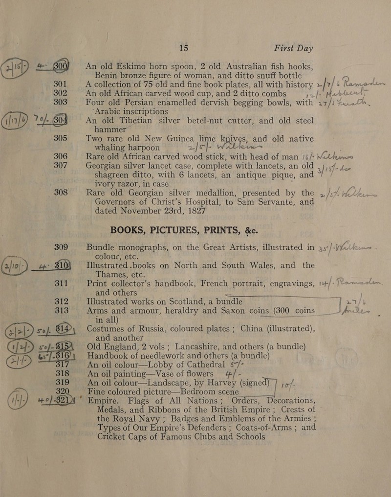 @ 6 301 302 303 1B 305 306 307 308 309 ( 3/10) -) _ 4 f19 S11 312 313 Go|) sop BH sof, Le \ Yoje ore a 318 319 @ nb 15 First Day Benin bronze figure of woman, and ditto snuff bottle 19 An old African carved wood cup, and 2 ditto combs J Harbowt Four old Persian enamelled dervish begging bowls, with. 27 ji Frat ‘Arabic inscriptions An old Tibetian silver betel-nut cutter, and old steel hammer Two rare old New Guinea ro knives, and old native whaling harpoon 2 he Rare old African carved wr baie with head of man )¢/- Wathnwo Georgian silver lancet case, complete with lancets, an old .),.7 y_ shagreen ditto, with 6 lancets, an antique pique, and / ivory razor, in case Rare old Georgian silver medallion, presented by the » st Governors of Christ’s Hospital, to Sam Servante, and | dated November 23rd, 1827 BOOKS, PICTURES, PRINTS, &amp;c. Bundle monographs, on the Great Artists, illustrated in a3-/-nJu colour, etc. Illustrated .books on North and South Wales, and the Thames, etc. Poms and others = A) aE SNORE oe | Illustrated works on Scotland, a bundle Ta eb Arms and armour, heraldry and Saxon coins (300 coins frie in all) Costumes of Russia, coloured plates ; China (illustrated), and another Old England, 2 vols ; Lancashire, and others (a bundle) Handbook of needlework and others (a bundle) An oil colour—Lobby of Cathedral s~/- An oil painting—vVase of flowers ¢/- An oil colour—Landscape, by Harvey ( (Signed) ] ; Fine coloured picture—Bedroom scene Empire. Flags of All Nations; Orders, Orem aratinns, Medals, and Ribbons of the British Empire ; Crests of the Royal Navy ; Badges and Emblems of the Armies ; Types of Our Empire’ s Defenders ; Coats-of-Arms ; and Cricket Caps of Famous Clubs and Schools