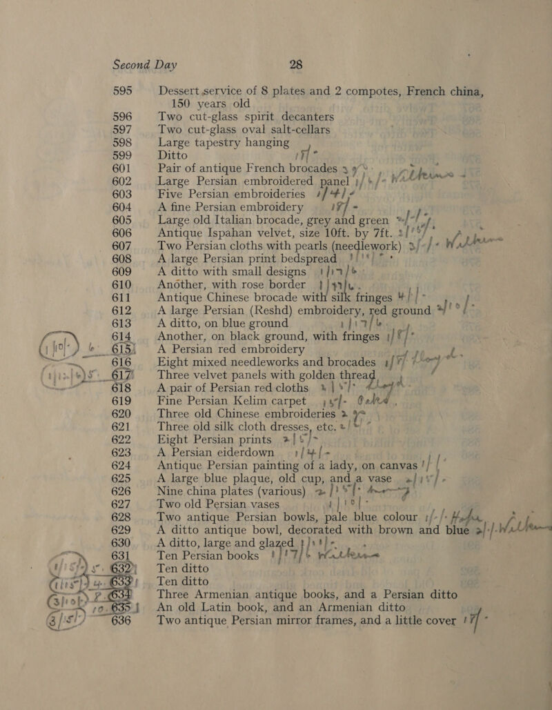 595 Dessert service of 8 plates and 2 compotes, French china, 150 years old Two cut-glass spirit decanters Two cut-glass oval salt-cellars Large tapestry hanging Ditto Pair of antique French bean 5 Aare. be Ger Large Persian embroidered. panel | y by fl. pada Five Persian embroideries #/*#/ ¢— A fine Persian embroidery iV] = Large old Italian brocade, grey and green * |- Th Antique Ispahan velvet, size 10ft. by 7ft. if Y ‘ Two Persian cloths with pearls ca TP ones jefe Wa aon A large Persian print bedspread !/'* A ditto with small designs t/in/®- Another, with rose border } }y Ju Antique Chinese brocade with sil fringes 4 | } A large Persian (Reshd) embroidery, red Lau afte A ditto, on blue ground pprape. Another, on black ground, with fringes i) c iE A Persian red embroidery we, ,. Eight mixed needleworks and brocades } fi yf oy Three velvet panels with golden No iy f A pair of Persian red cloths % | 87 they ® Fine Persian Kelim carpet ;sf- 6 Ara , Three old Chinese embroideries » ays Three old silk cloth dresses, ete, 2 Eight Persian prints *!/ A Persian eiderdown | Hy | Antique Persian painting of a lady, on canvas ! Ly A large blue plaque, old cup, and a vase afi Nine china plates (various) 2 /!* Oo 7 Two old Persian vases fp te ; Two antique Persian bowls, pale blue colour ;/: A ditto antique bowl, decorated with brown bad ‘a “d 7 Want = oe  A ditto, large and iG Jy a} Ten Persian books at w ri tte Ten ditto Ten ditto Three Armenian antique books, and a Persian ditto An old Latin book, and an Armenian ditto | Two antique Persian mirror frames, and a little cover ! |