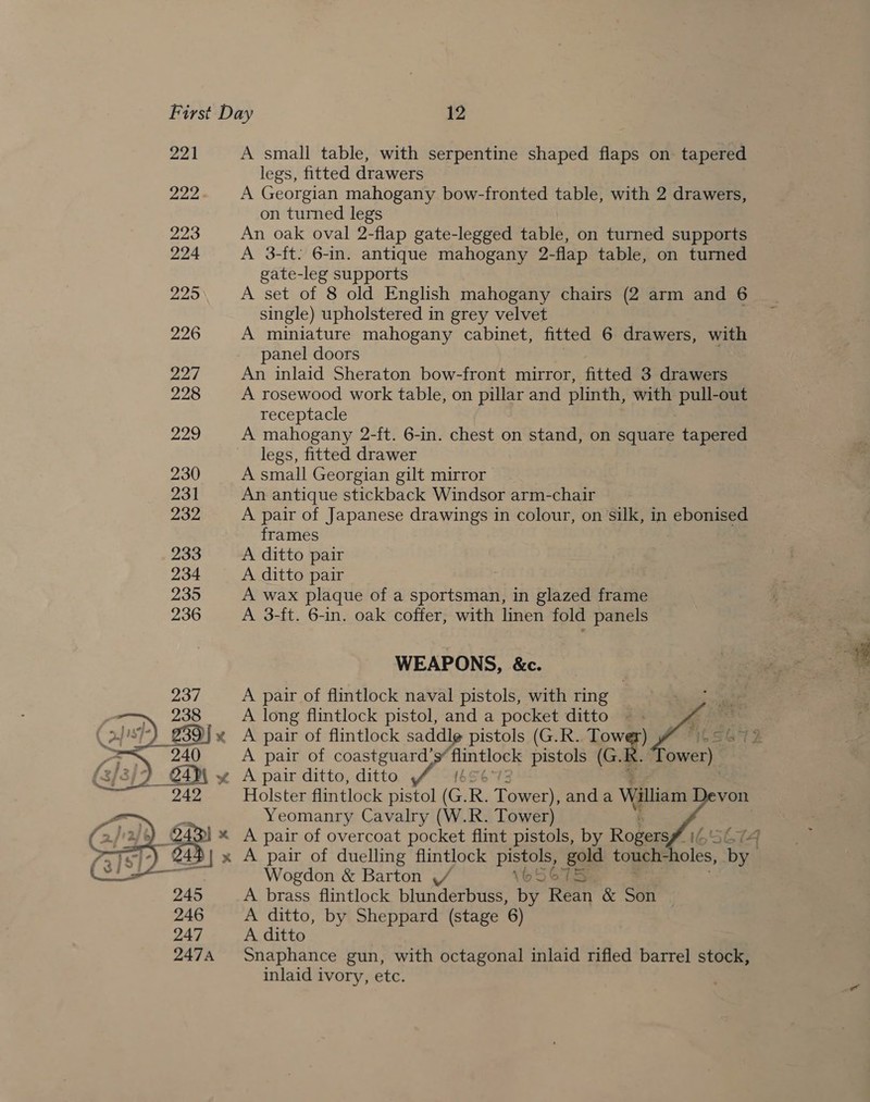221 222 223 224  A small table, with serpentine shaped flaps on tapered legs, fitted drawers A Georgian mahogany bow-fronted table, with 2 drawers, on turned legs An oak oval 2-flap gate-legged table, on turned supports A 3-ft: 6-in. antique mahogany 2-flap table, on turned gate-leg supports A set of 8 old English mahogany chairs (2 arm and 6 single) upholstered in grey velvet A miniature mahogany cabinet, fitted 6 drawers, with panel doors An inlaid Sheraton bow-front mirror, fitted 3 drawers A rosewood work table, on Magee and plinth, with pull-out receptacle A mahogany 2-ft. 6-in. chest on stand, on square tapered legs, fitted drawer A small Georgian gilt mirror An antique stickback Windsor arm-chair A pair of Japanese drawings in colour, on silk, in ebonised frames A ditto pair A ditto pair A wax plaque of a sportsman, in glazed frame A 3-ft. 6-in. oak coffer, with linen fold panels A pair of coastguard’ » flintlock pistols (G.R. A pair ditto, ditto (6: :] Holster flintlock pistol (G. R. Tower), anda William Yeomanry Cavalry (W.R. Tower)   Wogdon &amp; Barton \/ 165675 A brass flintlock blunder buss. by Rean &amp; Son A ditto, by Sheppard (stage 6) A ditto Snaphance gun, with octagonal inlaid rifled barrel stock, inlaid ivory, etc.