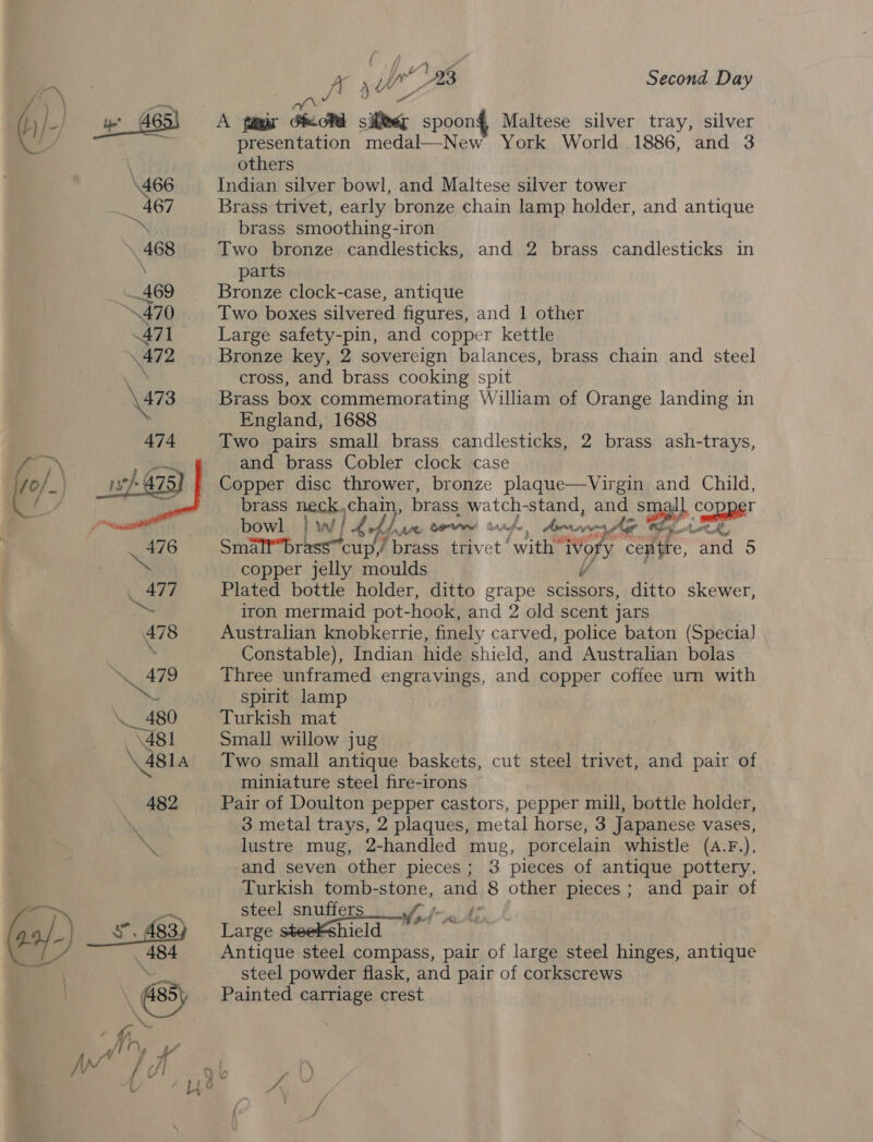  A ; ia 198 Second Day pone A te Choad sion spoon}, Maltese silver tray, silver presentation medal—New York World 1886, and 3 others Indian silver bowl, and Maltese silver tower Brass trivet, early bronze chain lamp holder, and antique brass smoothing-iron Two bronze candlesticks, and 2 brass candlesticks in parts Bronze clock-case, antique Two boxes silvered figures, and 1 other Large safety-pin, and copper kettle Bronze key, 2 sovereign balances, brass chain and steel cross, and brass cooking spit Brass box commemorating William of Orange landing in England, 1688 Two pairs small brass candlesticks, 2 brass ash-trays, and brass Cobler clock case Copper disc thrower, bronze plaque—Virgin and Child, brass neck, open brass watch-stand, and S co bowl } w/ A ebbyn wrvn afr, dive “ se Ce Smal?brass”cup,, brass trivet with” wy centre, and 5 copper jelly moulds Plated bottle holder, ditto grape rely ditto skewer, iron mermaid pot-hook, and 2 old scent jars Australian knobkerrie, finely carved, police baton (Special! Constable), Indian hide shield, and Australian bolas Three unframed engravings, and copper coffee urn with spirit lamp Turkish mat Small willow jug. Two small antique baskets, cut steel trivet, and pair of miniature steel fire-irons Pair of Doulton pepper castors, pepper mill, bottle holder, 3 metal trays, 2 plaques, metal horse, 3 Japanese vases, lustre mug, 2-handled mug, porcelain whistle (a.F.), and seven other pieces; 3 pieces of antique pottery, Turkish tomb-stone, and 8 other pieces; and pair of steel snuffers f/f: Large Bielesie, ty. tok Antique steel compass, pair of large steel hinges, antique steel powder flask, and pair of corkscrews Painted carriage crest