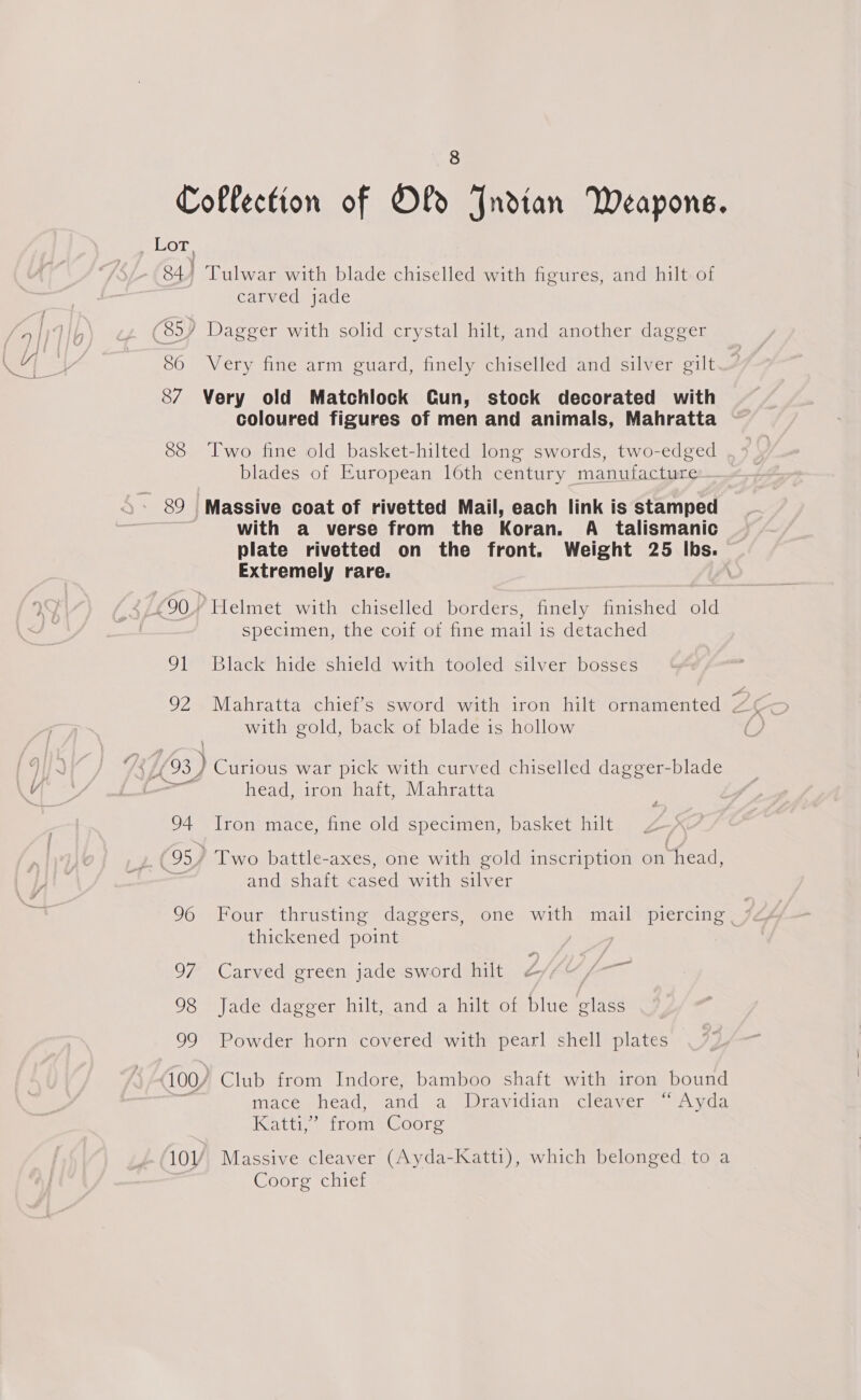 = Collection of Old Jndtan Weapons. } 84.) Tulwar with blade chiselled with figures, and hilt of carved jade (85) Dagger with solid crystal hilt, and another dagger 86 Very fine arm guard, finely chiselled and silver gilt S87 Very old Matchlock Gun, stock decorated with coloured figures of men and animals, Mahratta 88 Two fine old basket-hilted long swords, two-edged blades of European loth century manufacture. with a verse from the Koran. A _ talismanic plate rivetted on the front. Weight 25 lbs. Extremely rare. \ £90.” Helmet with chiselled borders, finely finished old specimen, the coif of fine mail is detached 91 Black hide shield with tooled silver bosses with gold, back of blade is hollow eet head sironenatt. Niahra sta 94 Iron mace, fine old specimen, basket hilt (95 ) Two battle-axes, one with gold inscription on head, 4 and shaft cased with silver 96 Four thrusting daggers, one with mail piercing se thickened point 97 Carved green jade sword hilt 98 Jade dagger hilt, and a hilt of blue glass 99 Powder horn covered with pearl shell plates (100/ Club from Indore, bamboo shaft with iron bound mace head, and a Dravidian cleaver “Ayda Katt, trom =+Goore 101’ Massive cleaver (Ayda-Katti), which belonged to a Coorg chief