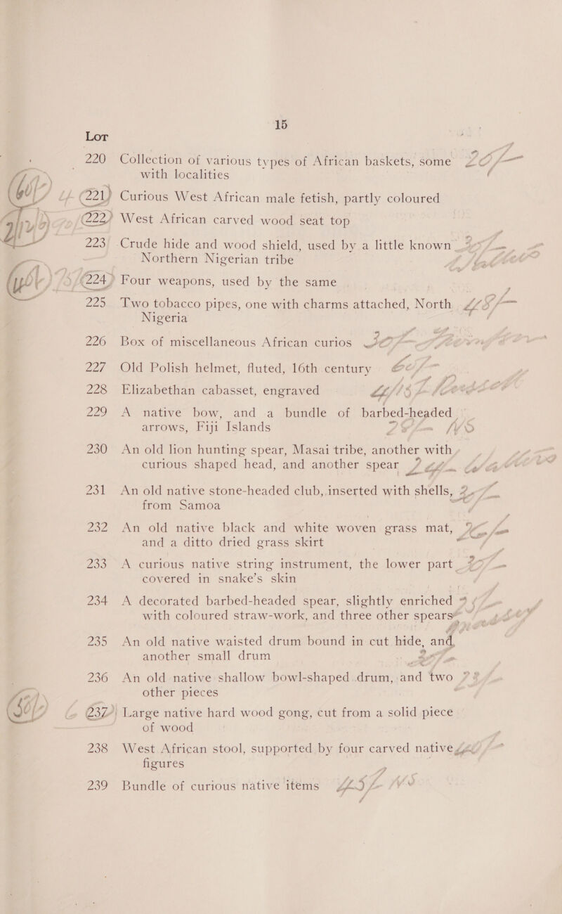  a0 251 2Oz2 Zoo 234 “BS Collection of v arious types of African baskets, some: with localities Curious West African male fetish, partly coloured West African carved wood seat top Northern Nigerian tribe Nigeria ? Box of miscellaneous African curios ea 6 Old Polish helmet, fluted, 16th century Elizabethan cabasset, engraved LL, M4 A native bow, and .4a jbundle- of barbed- poeple arrows, Fiji Islands YO An old lion hunting spear, Masai tribe, another with curious shaped head, and another spear [eto FA \ 7 / reise from Samoa An old native black and white woven grass mat, and a ditto dried grass skirt : - A curious native string instrument, the lower part _# covered in snake’s skin A decorated barbed-headed spear, slightly enriched @ , with coloured straw-work, and three other fea? | An old native waisted drum bound in cut hide, and another small drum “ An old native shallow bowl-shaped drum, sacl two other pieces : of wood West African stool, supported by four carved native , Lj figures Bundle of curious native items Z4)7