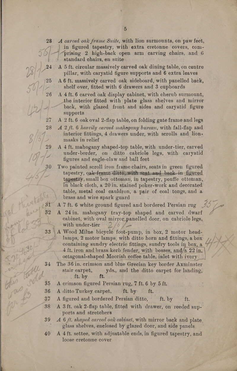 ‘5 28 A carved oak frame Suite, with lion surmounts, on paw feet, in figured tapestry, with extra cretonne covers, com- “prising 2 high-back open arm carving chairs, and 6 | | /. standard chairs, en suite . AC 24 A 5ft. circular massively carved oak dining table, on centre b/’/ pillar, with caryatid figure supports and 6 extra leaves 25 A6ft. massively carved oak sideboard, with panelled. back, shelf over, fitted with 6 drawers and 3 cupboards 26 A 4ft.6 carved oak display cabinet, with cherub surmount, the interior fitted with plate glass shelves and mirror back, with glazed front and sides. -and caryatid figure supports 27. A 2 ft.6 oak oval 2- -flap table, on folding. gate frame and legs 28 A 2 ft. 6 heavily carved mahogany bureau, with fall-flap and ! interior fittings, 4 drawers under, with scrolls and lion- 7 masks in relief 29. A 4ft. mahogany shaped-top table, with wie tier, carved -under-border, on ditto cabriole legs, with caryatid figures and eagle-claw and ball feet 30. Two painted scroll iron frame chairs, seats in green figured tapestry, oak-framre-dittepwith-seat-and-back.-infigured tapestry, small box ottoman, in tapestry, pouffe ottoman, in black cloth, a 20 in. stained poker- -work and decorated table, metal coal cauldron, a pair of coal tongs, and a 7 brass and wire spark guard . —: 31 A 7 ft. 6 white ground figured and bonteied Persian rug 9) hn 32 A 24 in. mahogany tray- top shaped and carved. dwarf VA af cabinet, with oval mirror_panelled door, on bate: legs, Ba with under-tier 4/0 /,- 33 - A Wood Milne bicycle foot-pump, in box, 2 motor head- containing sundry electric fittings, sundry tools in box, a 7% 4 ft. iron and brass kerb fender, with bosses, and/a 22 in, \/ octagonal-shaped Moorish coffee table, inlet with iv ory 34 The 36in. crimson and blue Grecian key border Axminster stair carpet, False arid the ditto carpet for landing, _ ft. by ft. 35 A crimson figured Persian rug, 7 ft. 6 ia 5 ft. 36 A ditto Turkey carpet, ft. by? 2° :ft. 37 A figured and bordered Persian ditto, ft. by ft. 38 A 3ft. oak 2-flap table, fitted with drawer, on reeded sup- ports and stretchers glass shelves, enelosed by glazed door, and side panels 40 &lt;A 4ft. settee, with adjustable ends, in figured tapestry, and loose cretonne cover 