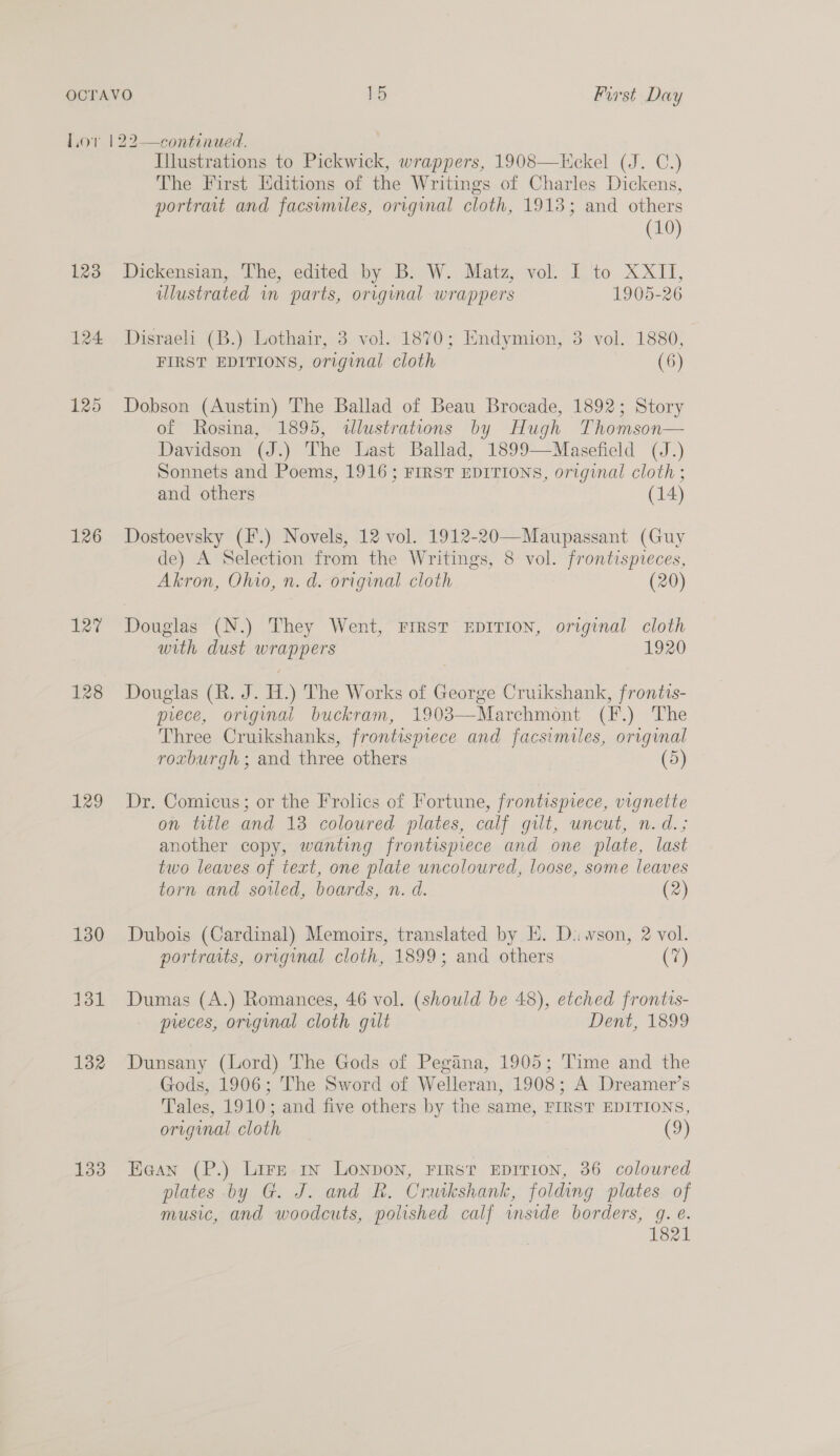 123 124 125 126 127 128 129 130 131 132 133 Illustrations to Pickwick, wrappers, 1908—Kckel (J. C.) The First [ditions of the Writings of Charles Dickens, portrait and facsvmiles, original cloth, 1913; and others (10) Dickensian, The, edited by B. W. Matz, vol. I to XXII, ulustrated wn parts, original wrappers 1905-26 Disraeli (B.) Lothair, 3 vol. 1870; Endymion, 3 vol. 1880, FIRST EDITIONS, original cloth (6) Dobson (Austin) The Ballad of Beau Brocade, 1892; Story of Rosina, 1895, dlustrations by Hugh Thomson— Davidson (J.) The Last Ballad, 1899—Masefield (J.) Sonnets and Poems, 1916; FIRST EDITIONS, original cloth ; and others (14) Dostoevsky (F.) Novels, 12 vol. 1912-20—Maupassant (Guy de) A Selection from the Writings, 8 vol. frontispieces, Akron, Ohio, n. d. original cloth (20) Douglas (N.) They Went, FIRST EDITION, original cloth with dust wrappers 1920 Douglas (R. J. H.) The Works of George Cruikshank, frontis- piece, original buckram, 1903—Marchmont (F.) The Three Cruikshanks, frontismece and facsimiles, original roxburgh ; and three others (5) Dr. Comicus; or the Frolics of Fortune, frontispiece, vignette on title and 13 coloured plates, calf gilt, uncut, n.d.; another copy, wanting frontispiece and one plate, last two leaves of text, one plate uncoloured, loose, some leaves torn and soiled, boards, n. d. (2) Dubois (Cardinal) Memoirs, translated by E. D..wson, 2 vol. portraits, original cloth, 1899; and others (7) Dumas (A.) Romances, 46 vol. (should be 48), etched frontis- pieces, original cloth gilt Dent, 1899 Dunsany (Lord) The Gods of Pegana, 1905; Time and the Gods, 1906; The Sword of Welleran, 1908; A Dreamer’s Tales, 1910; and five others by the same, FIRST EDITIONS, original cloth (9) Kean (P.) Lire 1x London, FIRST EDITION, 36 coloured plates by G. J. and Rk. Cruikshank, folding plates of music, and woodcuts, polished calf imside borders, g. e. 1821