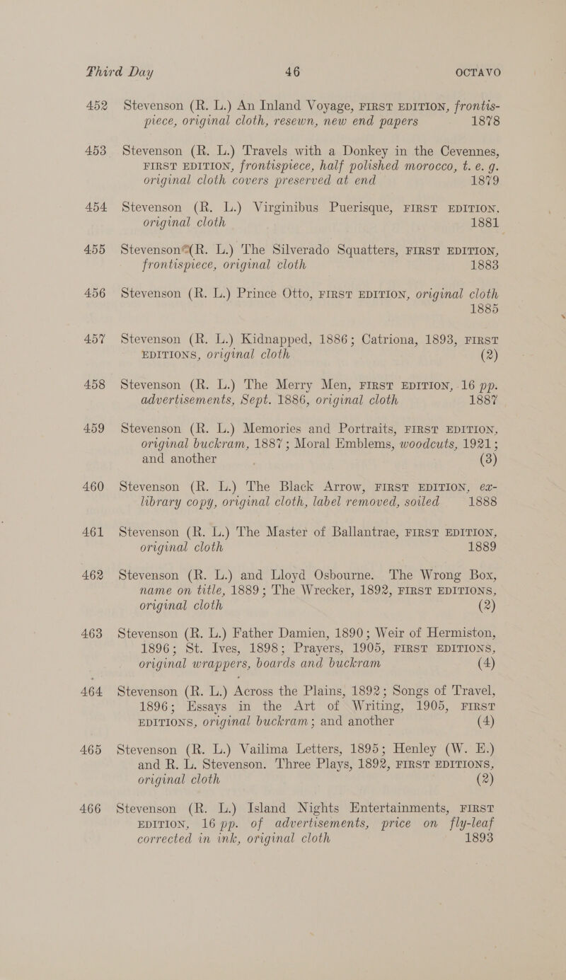 452 453 454 4.55 456 457 458 459 4.60 461 462 463 464 465 4.66 Stevenson (R. L.) An Inland Voyage, FIRST EDITION, frontis- prece, original cloth, resewn, new end papers 1878 Stevenson (R. L.) Travels with a Donkey in the Cevennes, FIRST EDITION, frontispiece, half polished morocco, t. e. g. original cloth covers preserved at end 1879 Stevenson (R. L.) Virginibus Puerisque, FIRST EDITION, original cloth 1881 Stevenson@(R. L.) The Silverado Squatters, FIRST EDITION, frontispiece, original cloth 1883 Stevenson (R. L.) Prince Otto, FIRST EDITION, original cloth 1885 Stevenson (R. L.) Kidnapped, 1886; Catriona, 1893, FIRST EDITIONS, original cloth (2) Stevenson (R. L.) The Merry Men, First EDITION, -16 pp. advertisements, Sept. 1886, original cloth 1887 Stevenson (R. L.) Memories and Portraits, FIRST EDITION, original buckram, 1887; Moral Emblems, woodcuts, 1921; and another (3) Stevenson (R. L.) The Black Arrow, FIRST EDITION, ez- library copy, original cloth, label removed, sorled 1888 Stevenson (R. L.) The Master of Ballantrae, FIRST EDITION, original cloth 1889 Stevenson (R. L.) and Lloyd Osbourne. The Wrong Box, name on ttle, 1889; The Wrecker, 1892, FIRST EDITIONS, original cloth (2) Stevenson (R. L.) Father Damien, 1890; Weir of Hermiston, 1896; St. Ives, 1898; Prayers, 1905, FIRST EDITIONS, original wrappers, boards and buckram (4) Stevenson (R. L.) Across the Plains, 1892; Songs of Travel, 1396;° Hssaye in the “Art “or NWriung, “1900, Fins? EDITIONS, original buckram ; and another (4) Stevenson (R. L.) Vailima Letters, 1895; Henley (W. E.) and R. L. Stevenson. Three Plays, 1892, FIRST EDITIONS, original cloth (2) Stevenson (R. L.) Island Nights Hntertainments, FIRST EDITION, 16 pp. of advertisements, price on fly-leaf corrected in ink, origunal cloth 1893