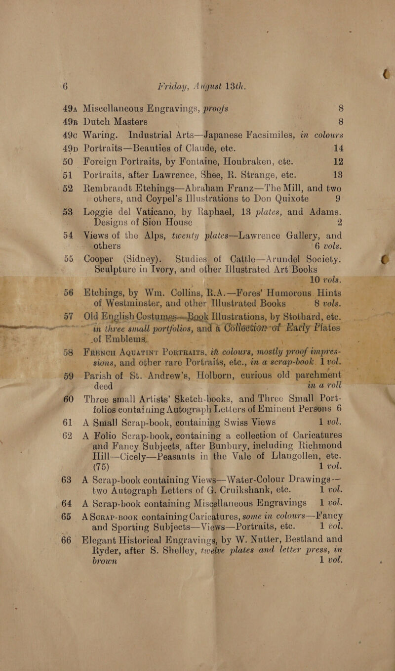 49, Miscellaneous Engravings, proofs ste) 49pn Dutch Masters | 8 49c Waring. Industrial Arts—Japanese Facsimiles, in colours 49p Portraits—Beauties of Claude, ete. 14 50 Foreign Portraits, by Fontaine, Houbraken, etc. 12 51 Portraits, after Lawrence, Shee, R. Strange, ete. 13 52 Rembrandt Etchings—Abraham Franz—The Mill, and two others, and Coypel’s Illustrations to Don Quixote 9 53 Loggie del Vaticano, by Raphael, 13 plates, and Adams. i Designs of Sion House 2 54. Views of the Alps, twenty plates—Lawrence Gallery, and others 6 vols. 55 Cooper (Sidney). Studies of Cattle—Arundel Society. Sere | in Ivory, and ole ple Art Books | ~ 10 vols. ‘Wichee. by wa Collins, RA. piss Humorous. Hints of Westminster, and other Illustrated Books _ 8 vols. Old English Costumes-—-Book Illustrations, by Stothard, ete. - ~ an three small nett 4 and &amp; Cotlsctine-oF Hy Platoe Na .of Emblems. q \. : 58 FRENCH Aquatint Ponrnairs, a clad 8, ‘mostly proof i impr es. . --__, sions, and other rare Portr aits, etc., in a serap- -book. 1Lvol. 69 Parish of St. Andrew’s, Holborn, curious old parchment pelt : deed wm a roll 60 Three small Artists’ Sketch- Mok, and Three Small Port- folios containing Autograph Letters of Eminent Persons 6 61 A Sniall Scrap-book, containing Swiss Views 1 vol. 62 A Folio Scrap-book, containing a collection of Caricatures and Fancy Subjects, after Bunbury, including Richmond Hill—Cicely—Peasants in the Vale of Llangollen, etc. : (75) 1 vol. 63 A Scrap-book containing View Watel Colour Drawings-— two Autograph Letters of G. Cruikshank, etc. 1 vol. 64 A Scrap-book containing Miscellaneous Engravings 1 vol. 65 AScrap-soox containing Caricatures, some in colour s—Fancy : and Sporting Subjects—Views—Portraits, etc. = 1 vol. 66 Elegant Historical Engravings, by W. Nutter, Bestland and Ryder, after 5. Shelley, tvelve plates and letter press, mn brown 1 vol.