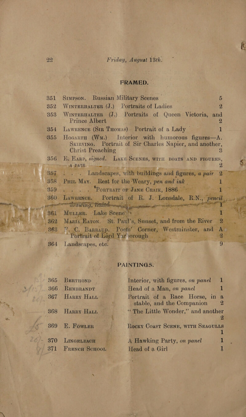 FRAMED. SIMPson. Russian Military: aiehea 3 eS eta WINTERHALTER | (J.) Portraits of Ladies ee WINTERHALTER- (J.) Portraits of Queen Victoria, and Prince Albert ie baa 2 LawkENCE (Sir Tuomas). Portrait of a Lady: yee ainee 1 Hocarra (WMm.). Interior with humorous figures—A. BERTHOND Ki. FowLEr .  Linozngacn 3 Frencw Bonoodt Interior, with figures, on panel 1 Head of a Man, on panel 1 a 2 Portrait of a Race Horse, in stable, and the Companion “The Little Wonder,” and another Rocky Coast Scunn, witH Sracunns ey: ae | if A Hawking Party, on panel 1 Head of a Girl 12 ey  —* -So