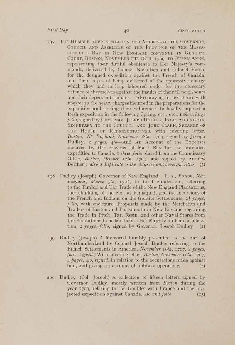 197 [THE HUMBLE REPRESENTATION AND ADDRESS OF THE GOVERNOR, COUNCIL AND ASSEMBLY OF THE PROVINCE OF THE MAssA- CHUSETTS BAY IN NEW ENGLAND CONVENED IN GENERAL CourT, Boston, NOVEMBER THE I8TH, 1709, TO QUEEN ANNE, representing their dutiful obedience to Her Majesty’s com- mands, delivered by Colonel Nicholson and Colonel Vetch, for the designed expedition against the French of Canada, and their hopes of being delivered of the oppressive charge which they had so long laboured under for the necessary defence of themselves against the insults of their il] neighbours and their dependent Indians. Also praying for assistance with respect to the heavy charges incurred in the preparations for the expedition and stating their willingness to loyally support a fresh expedition in the following Spring, etc., etc., 1 sheet, large folio, signed by GOVERNOR JOSEPH DUDLEY, ISAAC ADDINGTON, SECRETARY TO THE COUNCIL, AND JOHN CLARK, SPEAKER OF THE HOUSE OF REPRESENTATIVES, with covering letter, Boston, N® England, November 28th, 1709, signed by Joseph Dudley, 2 pages, 4to—And An Account of the Expenses incurred by the Province of Mas*® Bay for the intended expedition to Canada, 1 sheet, folio, dated from the Commissary Office, Boston, October 12th, 1709, and signed by Andrew Belcher ; also a duplicate of the Address and covering letter (5) 198 Dudley (Joseph) Governor of New England. L.s., Boston, New England, March 5th, 1708, to Lord Sunderland, referring to the Timber and Tar Trade of the New England Plantations, the rebuilding of the Fort at Pemaquid, and the incursions of the French and Indians on the frontier Settlements, 24 pages, - folio, with enclosure, Proposals made by the Merchants and. Traders of Boston and Portsmouth in New England regarding the Trade in Pitch, Tar, Resin, and other Naval Stores from the Plantations to be laid before Her Majesty for her considera- tion, 2 pages, folio, signed by Governor Joseph Dudley (2) 199 Dudley (Joseph) A Memorial humbly presented to the Earl of Northumberland by Colonel Joseph Dudley referring to the French Settlements in America, November toth, 1707, 2 pages, folio, signed ; With covering letter, Boston, November 1oth, 1707, 4 pages, 4to, signed, in relation to the accusations made against him, and giving an account of military operations (2) 200 Dudley (Col. Joseph) A collection of fifteen letters signed by Governor Dudley, mostly written from Boston during the year 1700, relating to the troubles with France and the pro- jected expedition against Canada, 4to and folio (15)