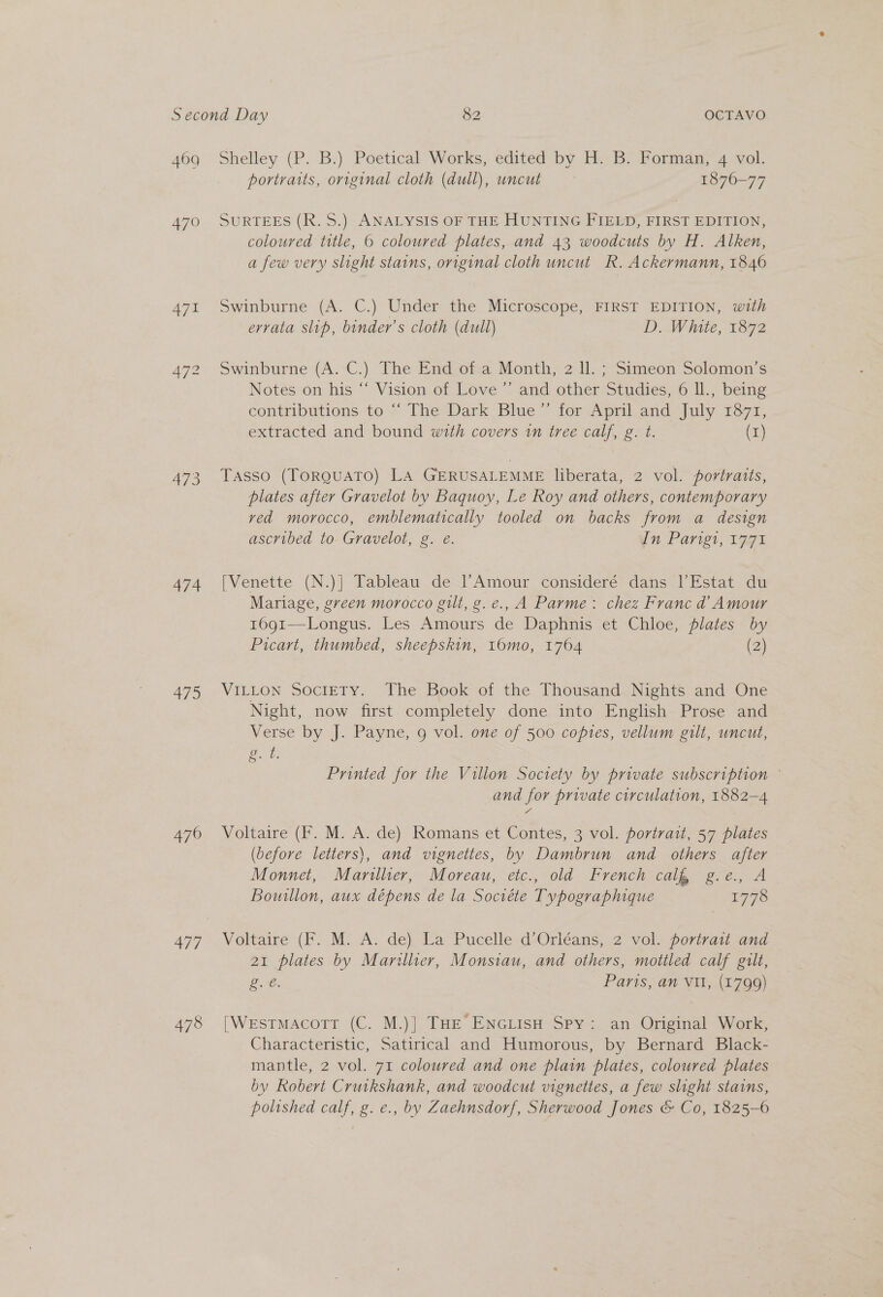469 470 Te 475 476 477 478 Shelley (P. B.) Poetical Works, edited by H. B. Forman, 4 vol. portraits, original cloth (dull), uncut 1876-77 SURTEES (R. 5.) ANALYSIS OF THE HUNTING FIELD, FIRST EDITION, coloured title, 6 coloured plates, and 43 woodcuts by H. Alken, a few very slight stains, original cloth uncut R. Ackermann, 1846 Swinburne (A. C.) Under the Microscope, FIRST EDITION, with evvata slip, binder’s cloth (dull) D. White, 1872 Swinburne (A. C.) The End of a Month, 2 ll. ; Simeon Solomon’s Notes on his “‘ Vision of Love’ and other Studies, 6 ll., being contributions to ““ The Dark Blue” for April and July 1871, extracted and bound with covers in tree calf, g. t. (1) Tasso (TORQUATO) LA GERUSALEMME liberata, 2 vol. portraits, plates after Gravelot by Baquoy, Le Roy and others, contemporary ved morocco, emblematically tooled on backs from a design ascribed to Gravelot, g. e. in Parigt, 177% [Venette (N.)] Tableau de l’Amour consideré dans l’Estat du Mariage, green morocco gilt, g.e., A Parme: chez Franc d’ Amour 1691—Longus. Les Amours de Daphnis et Chloe, plates by Picart, thumbed, sheepskin, 16mo, 1764 (2) VILLON SocIETY. The Book of the Thousand Nights and One Night, now first completely done into English Prose and Verse by J. Payne, 9 vol. one of 500 copies, vellum gilt, uncut, go. t g. 6: Printed for the Villon Society by private subscription © and for private circulation, 1882-4 Voltaire (F. M. A. de) Romans et Contes, 3 vol. portrait, 57 plates (before letters), and vignettes, by Dambrun and others after Monnet, Marillier, Moreau, etc., old French calR g.e., A Bouillon, aux dépens de la Sociéte Typographique 1778 Voltaire (F. M. A. de) La Pucelle d'Orléans, 2 vol. portrait and 21 plates by Marillier, Monsiau, and others, mottled calf gilt, Bob Parts, an Vil, (1799) [Westmacott (C. M.)] THE ENGLISH Spy: an Original Work, Characteristic, Satirical and Humorous, by Bernard Black- mantle, 2 vol. 71 coloured and one plain plates, coloured plates by Robert Crutkshank, and woodcut vignettes, a few slight stains, polished calf, g. e., by Zaehnsdorf, Sherwood Jones &amp; Co, 1825-6