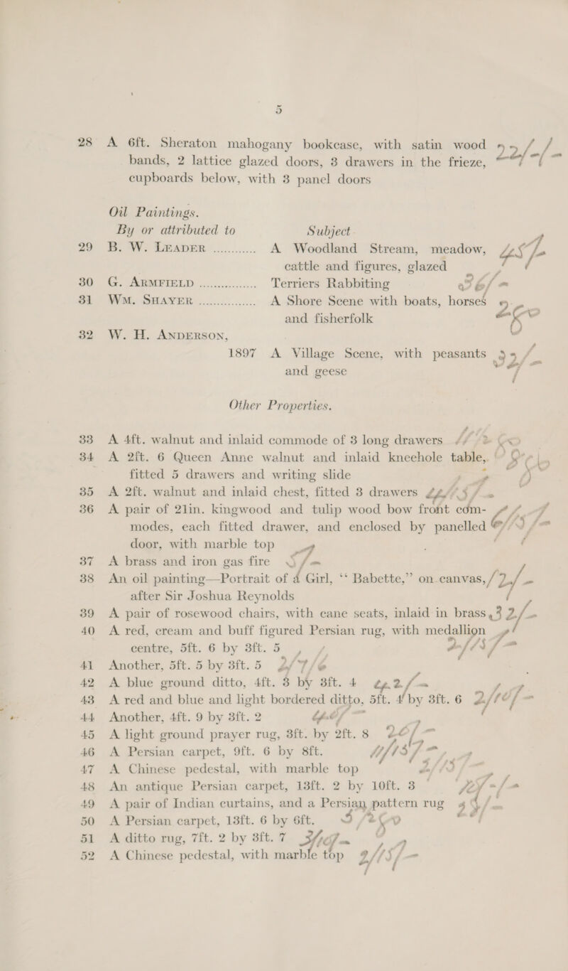 28 &lt;A 6ft. Sheraton mahogany bookcase, with satin wood 22 he bands, 2 lattice glazed doors, 3 drawers in the frieze, a i cupboards below, with 3 panel doors Oil Paintings. By or attributed to Subject. 29 B. W. LEADER ............ A Woodland Stream, meadow, 4 £ /- cattle and figures, glazed 30 G. ARMFIELD 31 Wm. SHAYER Pan a. Terriers Rabbiting ey 5 / ee eee A Shore Scene with boats, horses 2 ; and fisherfolk — 32 W. H. ANDERSON, , “ 1897 A Village Scene, with peasants 3 5 the and geese “7 Other Properties. 33 A 4ft. walnut and inlaid commode of 3 long drawers // &amp; (&lt;&gt; 34 A 2ft. 6 Queen Anne walnut and inlaid kneehole table,. é Ode ) fitted 5 drawers and writing slide a - Set 35 A 2ft. walnut and inlaid chest, fitted 3 drawers £4.40. 4 / 36 &lt;A pair of 21m. kingwood and tulip wood bow front Sa o/s modes, each fitted drawer, and enclosed by panelled oF door, with marble top 37 A brass and iron gas fire 577. - 38 An oil painting—Portrait of 4 Girl, *‘ Babette,” on.canvas, Fy ~ a after Sir Joshua Reynolds 39 A pair of rosewood chairs, with cane seats, inlaid in brass,% 2./. 40 A red, cream and buff figured Persian rug, with aw Zi 17. centre, 5ft. 6 by igi eae ” 41 Another, 5ft. 5 by 3ft.5 2/7/¢ 42 A blue ground ditto, 4ft. 3 by 3ft. 4 dy. 2. hn 43 A red and blue and — bordered ditto, 5ft. I by 3ft.6 £ é/ i é 7 - 44. Another, 4ft. 9 by 3ft. fe, ; 45 &lt;A light ground prayer rug, 3ft. by oft. 3 2 Cf = 46 A Persian carpet, 9ft. 6 by 8ft. Mf WT Sy , 47 A Chinese pedestal, with marble top ! 48 An antique Persian carpet, 13ft. 2 by 10ft. 3 | “if -/- 49 &lt;A pair of Indian curtains, and a eee pric rm rug 23 7 50 &lt;A Persian carpet, 13ft. 6 by 6ft. ws ED 51 A ditto rug, 7ft. 2 by aft.7 Weg. © _ 52 A Chinese pedestal, with marble top 8 /i\/ oad oft - ’