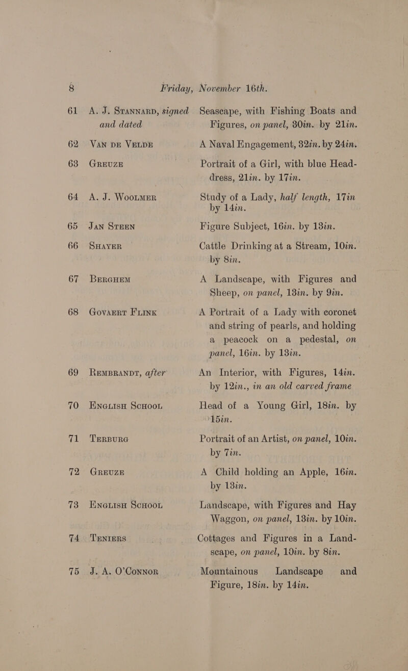 67 68 70 71 72 73 74 75 and dated VAN DE VELDE GREUZE A. J. WooLMER JAN STEEN SHAYER BERGHEM GovaERT F'LINK EneiisHh ScHoon TERBURG GREUZE E\NeLisH ScHooL TENIERS Figures, on panel, 830i. by 21in. A Naval Engagement, 82in. by 24in. Portrait of a Girl, with blue Head- dress, 21lin. by 17in. Study of a Lady, half length, 17in by 14in. Figure Subject, 16a. by 13. Cattle Drinking at a Stream, 10in. by 8i. A Landscape, with Figures and Sheep, on panel, 18in. by 9in. A Portrait of a Lady with coronet and string of pearls, and holding a peacock on a_ pedestal, on panel, 16in. by 182n. An Interior, with Figures, 14zn. by 12in., in an old carved frame Head of a Young Girl, 18. by ‘15m. Portrait of an Artist, on panel, 10. by Tin. ; A Child holding an Apple, 16zn. by 18in. Landscape, with Figures and Hay Waggon, on panel, 18in. by 10in. Cottages and Figures in a Land- scape, on panel, 10in. by 8in. Mountainous Landscape and Figure, 18in. by 14in.