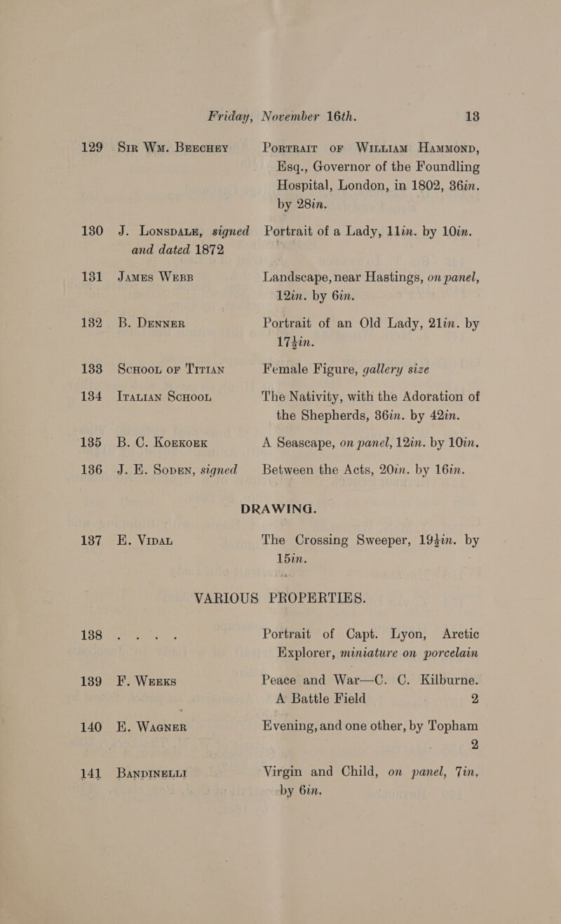 129 185 137 138 139 140 14] Friday, Sir Wma. BeecHey J. LonspauE, signed and dated 1872 JAMES WEBB B. DENNER ScHoou oF TIrran Iranian ScHoon B. C. KorKorK J. H. Sopgn, signed November 16th. 13 Portrair or WinutiamM Hammonp, Esq., Governor of the Foundling Hospital, London, in 1802, 86in. by 280n. Portrait of a Lady, llin. by 10im. Landscape, near Hastings, on panel, 12in. by 6in. Portrait of an Old Lady, 21a. by 1740n. Female Figure, gallery size The Nativity, with the Adoration of the Shepherds, 36in. by 42in. A Seascape, on panel, 12in. by 10in. Between the Acts, 20%. by 16in. The Crossing Sweeper, 1935in. by 15in. FE’, WEEKS EK. WAGNER BaNDINELLI Portrait of Capt. Lyon, Arctic Explorer, miniature on porcelain Peace and War—C. GC. Kilburne. A Battle Field . 2, Evening, and one other, by Topham 2 Virgin and Child, on panel, Tin, by 6in.