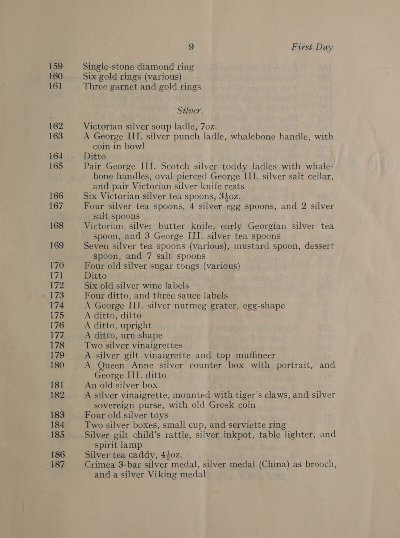 159 160 161 162 163 164 165 166 168 169 170 17] P72 173 174 175 176 177 178 179 180 181 183 184 185 186 ‘187 9 | First Day Single-stone diamond ring Six gold rings (various) Three garnet and gold rings Silver. Victorian silver soup ladle, 7oz. A George HI. silver punch ladle, whalebone handle, with coin in bow] Ditto Pair George III. Scotch silver toddy ladles with whale- bone handles, oval pierced George III. silver salt cellar, and pair Victorian silver knife rests Six Victorian silver tea spoons, 3}o0z. Four silver tea spoons, 4 silver egg spoons, and 2 silver salt spoons Victorian silver butter knife, early Groraian silver tea spoon, and 3 George III. silver tea spoons Seven silver tea spoons (various), mustard spoon, dessert spoon, and 7 salt spoons Four old silver sugar tongs (various) Ditto Six old silver wine labels Four ditto, and three sauce labels A George III. silver nutmeg grater, egg-shape A ditto, ditto A ditto, upright A ditto, urn shape Two silver vinaigrettes A silver gilt vinaigrette and top muffineer A Queen Anne silver counter box with portrait, and George III. ditto An old silver box A silver vinaigrette, mounted with tiger’s claws, and silver sovereign purse, with old Greek coin Two silver boxes, small cup, and serviette ring spirit lamp Silver tea caddy, 440z. Crimea 3-bar silver medal, silver medal aan) as brooch, and a silver Viking medal
