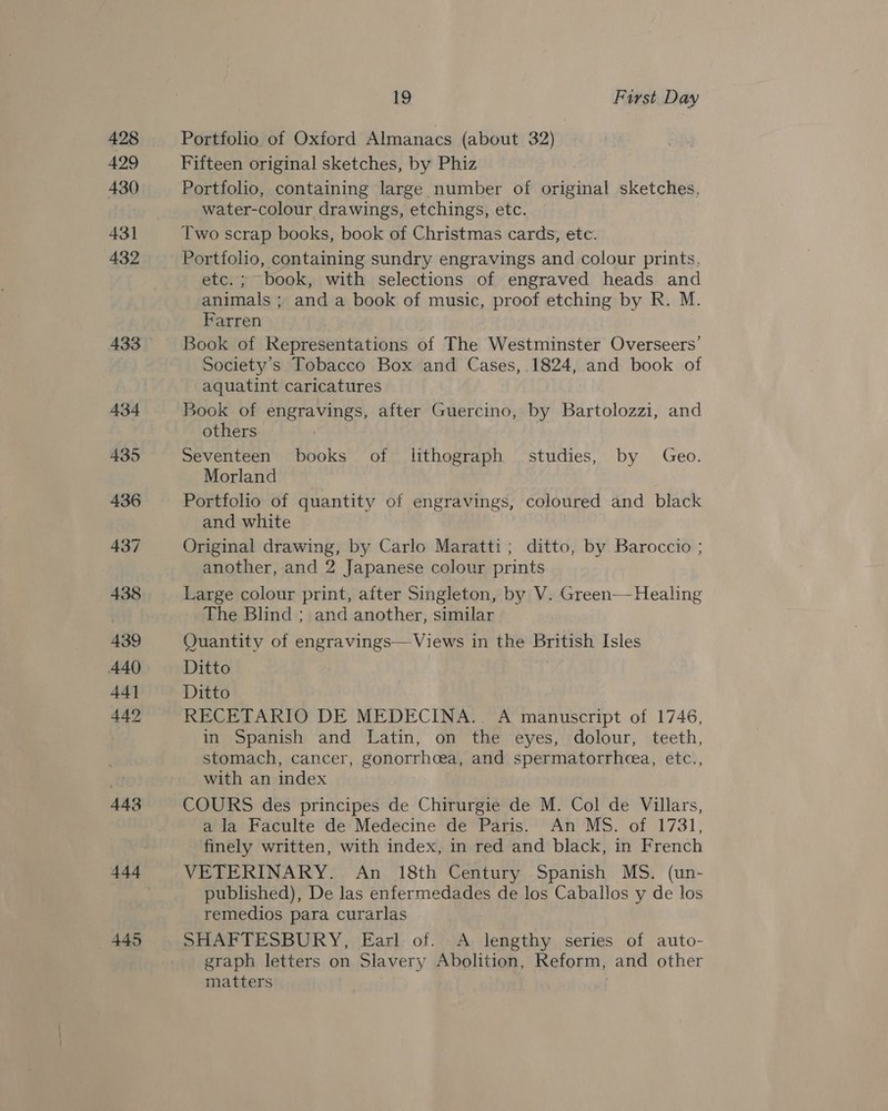 443 444 445 18 First Day Portfolio of Oxford Almanacs (about 32) Fifteen original sketches, by Phiz Portfolio, containing large number of original sketches, water-colour drawings, etchings, etc. Two scrap books, book of Christmas cards, etc. Portfolio, containing sundry engravings and colour prints, etc. ; book, with selections of engraved heads and animals ; and a book of music, proof etching by R. M. Farren Book of Representations of The Westminster Overseers’ Society s Tobacco Box and Cases, 1824, and book of aquatint caricatures Book of engravings, after Guercino, by Bartolozzi, and others Seventeen books of lithograph studies, by Geo. Morland Portfolio of quantity of engravings, coloured and black and white | Original drawing, by Carlo Maratti; ditto, by Baroccio ; another, and 2 Japanese colour prints Large colour print, after Singleton, by V. Green—-Healing The Blind ; and another, similar Quantity of engravings—Views in the British Isles Ditto | Ditto RECETARIO DE MEDECINA.. A manuscript of 1746, in Spanish and Latin, on the eyes, dolour, teeth, stomach, cancer, gonorrhoea, and spermatorrheea, etc., with an index COURS des principes de Chirurgie de M. Col de Villars, a la Faculte de Medecine de Paris. An MS. of 1731, finely written, with index, in red and black, in French VETERINARY. An 18th Century Spanish MS. (un- published), De las enfermedades de los Caballos y de los remedios para curarlas SHAFTESBURY, Earl of. A lengthy series of auto- graph letters on Slavery Abolition, Reform, and other matters