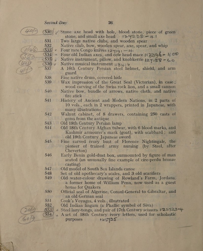stone; and small axe head . '3¥2.2 a, ~ HI Native club, bow, wooden spear, axe, Spee and whip Four rare Congo lent ves 12419) HE Four old Indian axes, and cow head mace 1za96- bY oo Native instrument, pillow, het oat I29158-Go Native musical instrument {| A 16th Century Persian steel Hlevet shield, and arm guard Fine native drum, covered hide Wax impression of the Great Seal (Victorian), in case ; wood carving of the Swiss rock lion, and a small cannon Native bow, bundle of arrows, native cloth, and native: fire stick 10 vols., each in 2 wrappers, printed in Japanese, with many ilustrations Walnut cabinet, of 8 drawers, containing 250° casts of gems from the antique | | Old 18th Century Persian lamp Old 18th Century Afghan tulwar, with 6 blood marks, and Kashmir armourer’s mark (goat), with scabbard ; and old 19th Century Japanese sword Fine carved ivory bust of Florence Nightingale, the: pioneer of trained army nursing (by Steel, after Cheverton) Early Benin gold-dust box, surmounted by figure of man seated (an unusually fine example of cire-perdu bronze casting) Old model of South Sea Islands canoe Set of old apothecary’s scales, and 3 old scarifiers a former home of William Penn, now used as a guest house for Quakers Official seal of Algerine, Consul-General to Gibraltar, and an old German seal Cook’s Voyages, 4 vols., illustrated | Old Indian lingam (a Phallic symbol of Siva) purposes 2° sI25-