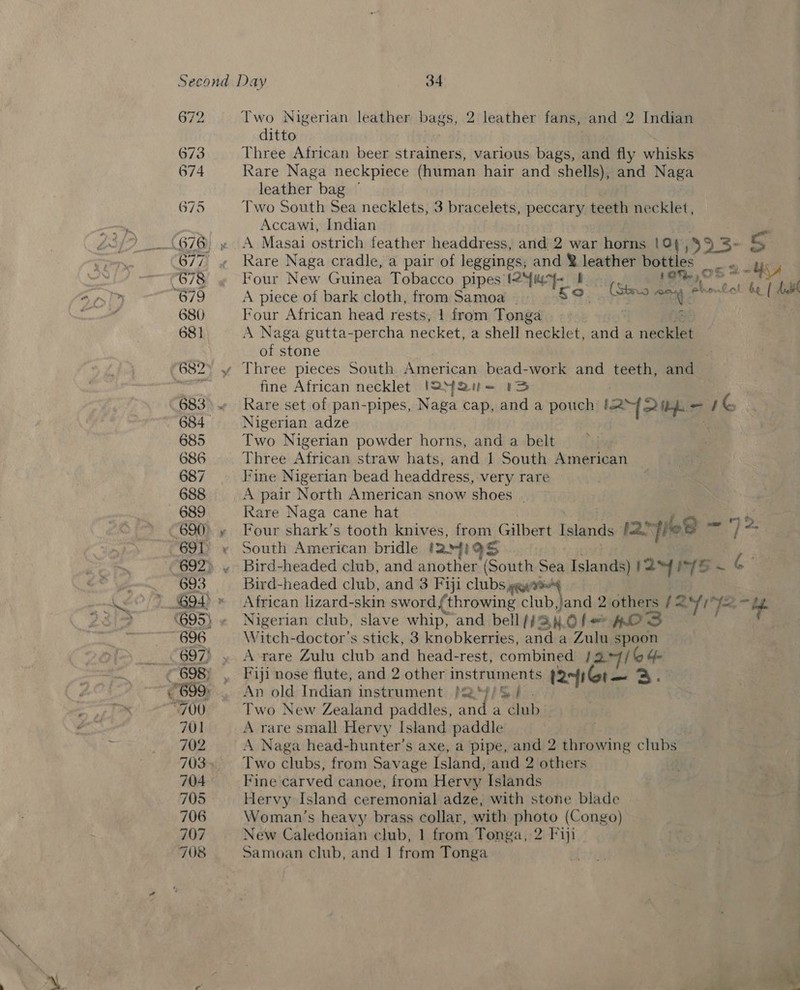707 708 Two Nigerian leather begs, 2 leather fans, and 2 Indian ditto Three African beer strainers, various bags, and fly whisks Rare Naga neckpiece (human hair and shells), and Naga leather bag Two South Sea necklets, 3 bracelets, peccary teeth necklet, Accawi, Indian A Masai ostrich feather headdr ess, and 2 war horns Loy 39.3: Rare Naga cradle, a pair of leggings, and »~ leather bouies Four New Guinea Tobacco pipes eines fb crs a Four African head rests, 1 from Tonga A Naga gutta-percha necket, a shell necklet, anitit a rietdelag of stone Three pieces South American bead-work and teeth, and fine African necklet (S42i= 1S Rare set of pan-pipes, Naga cap, and a pouch 1224: - 1G Nigerian adze Two Nigerian powder horns, and a belt Three Atrican straw hats, and 1 South American Fine Nigerian bead headdress, very rare A pair North American snow shoes - Rare Naga cane hat j ae Four shark’s tooth knives, from Gilbert Islands ja fie® of * South American bridle tai Ss Bird-headed club, and 3 Fiji clubs yg African lizard-skin sword (throwing clip and 2iothers /2 ai ye Pa Nigerian club, slave whip, and bell (f/34.0 f HOS Witch-doctor’s stick, 3 knobkerries, and a Zulu spoon A-rare Zulu club and head-rest, combined 12.77/64 Fiji nose flute, and 2 other instruments ta-fiGr— 3. An old Indian instrument /sa¥/S / Two New Zealand paddles, and a yo . A rare small Hervy Island paddle A Naga head-hunter’s axe, a pipe, and 2 throwing clubs | Two clubs, from Savage Island, and 2 others Fine carved canoe, from Hervy Islands Hervy Island ceremonial adze, with stone blade Woman’s heavy brass collar, with photo (Congo) New Caledonian club, 1 from Tonga, 2 Fiji Samoan club, and 1 from Tonga stir