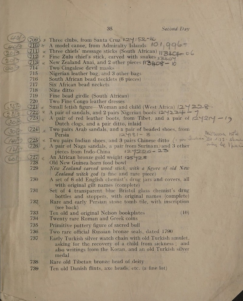   GP > % 4 : “ SS a tt i iz ae Cf - “4 te i~ o Lora “a Rae ba 739 35 Second Day Three clubs, from Santa Cruz #24 | SQA A v A model canoe, from Admiralty Islands [O !;QQle~ Fine Zulu chief's stick, carved with snakes y 27) y= New Zealand Anai, and 2 other pieces NAyoe— 10 Two Cingalese devil masks Nigerian leather bag, and 3 other bags South African bead necklets (6 pieces) Six African bead neckets Nine ditto } | Fine bead girdle (South African) Two Fine Congo leather dresses Dutch clogs, and a pair ditto, inlaid Two pairs Arab sandals, and a we of beaded shoes, from Persia 2y4iSli- 3S Two pairs fadian shoes, and 3 pairs Chinese ditto ( A pair of Naga sandals, a pair from Surinam, and 3 other pieces from Indo-China (24220 - 2% An African bronze gold weight 2S 7428 Old New Guinea-horn food bowl New Zealand carved wood stick, with a figure of old New — Zealand witch god (a fine and rare piece) A set of 6 old English chemist’s drug jars and covers, all with original silt names (complete) Set of 4 transparent blue Bristol glass chemist’s drug bottles and stoppers, with original names (complete) Rare and early Persian stone tomb tile, with inscription (see back) Ten old and original Nelson bookplates (10) Twenty rare Roman and Greek coins | Primitive pottery figure of sacred bull Two rare official Russian bronze seals, dated 1790 Early Turkish silver watch chain with old Turkish amulet, asking’ for the recovery of a child from sickness ; and also writings from the Koran, and an old Turkish silver medal Rare old Tibetan bronze head of deity ii Ten old Danish flints, axe heads, etc. (a fine lot) j-21 ae oe '9 aL) eT if a ied A3L- Sho if { > ad \ pees Lm 