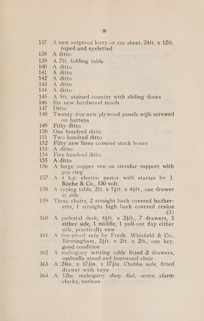 ‘9 A new rotproof lorry or car sheet, 24ft. x 12ft. roped and aveletted A ditto A 7ft. folding table A ditto A ditto A’ ditto.” A ditto A ditto A Sit. stained counter with sliding doors Six new hardwood stools Ditto on battens Fifty ditto One hundred ditto Two hundred ditto Fifty new linen covered stock boxes Five hundred ditto A ditto A large copper urn on circular support with gas ring A 4 h.p. electric motor with starter bv J. Roche &amp; Co., 530 volt. A typing table, 2ft. x 14it. x 441t., one drawer at side Three chairs, 2 straight back covered leather- ette, 1 straight high back covered rexine (3) A pedestal desk, 44ft. x 23ft., 7 drawers, 3 either side, 1 middle, 1 pull-out flap either side, practically new A fire-proof safe by Fredk. Whitfield &amp; Co., Birmingham, 2$fti x 2ft. x 2ft., one key, good condition | umbrella stand and bentwood chair A 24in. x 173in. x 174in. Chubbs safe, fitted drawer with keys ; A 12in. mahogany shop dial, seven alarm clocks, various |